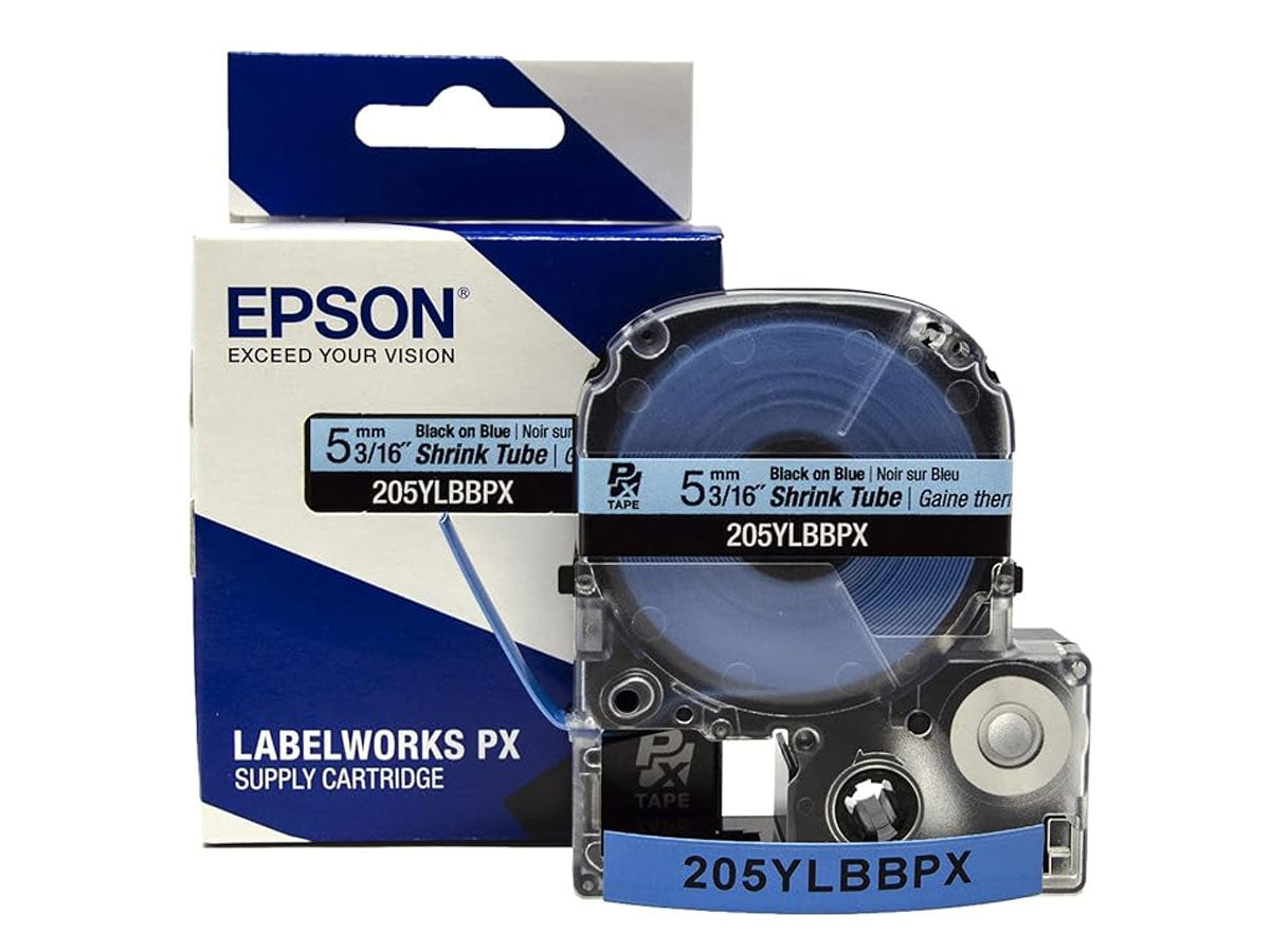 Epson LABELWORKS PX Shrink Tube 3/16" (AWG 10-18) x 98" Black on Blue Tape - 205YLBBPX
