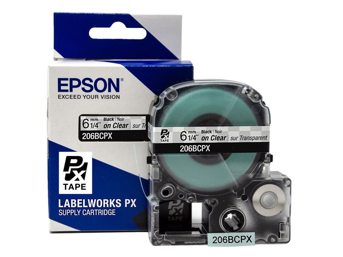 206BCPX - 1/4" (6mm) Black on Clear PET Labeling Tape Cartridge for Epson LabelWorks PX Printers