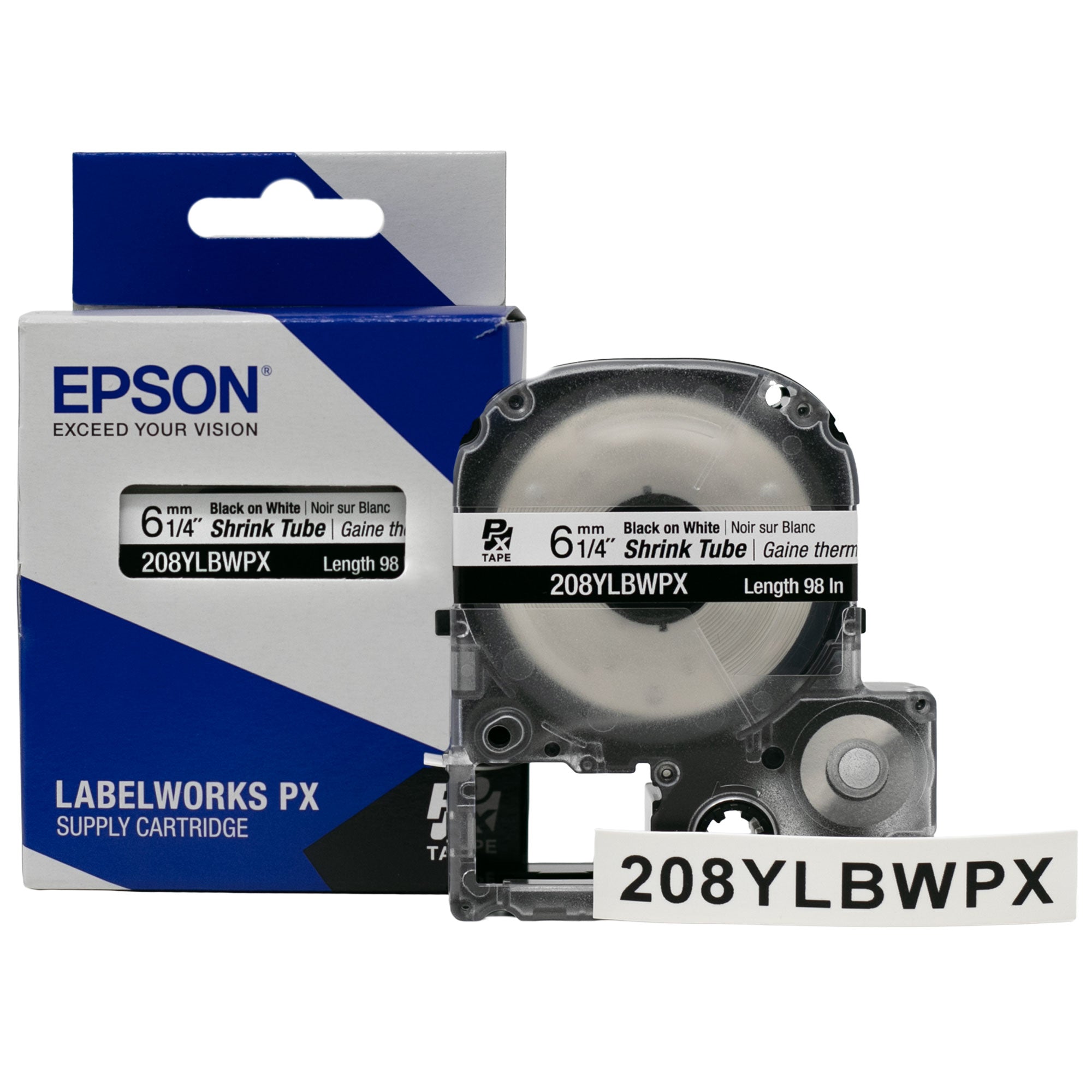 Epson LABELWORKS PX Shrink Tube 1/4" (AWG 6-18) x 98" Black on White Tape - 208YLBWPX