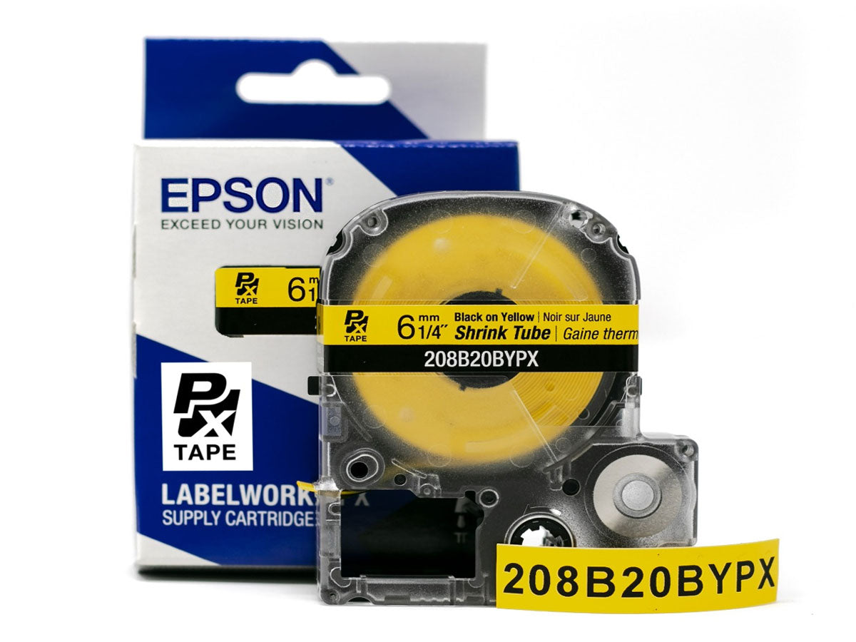 Epson LABELWORKS PX Shrink Tube 1/4" (AWG 6-18) x 98" Black on Yellow Tape - 208B20BYPX