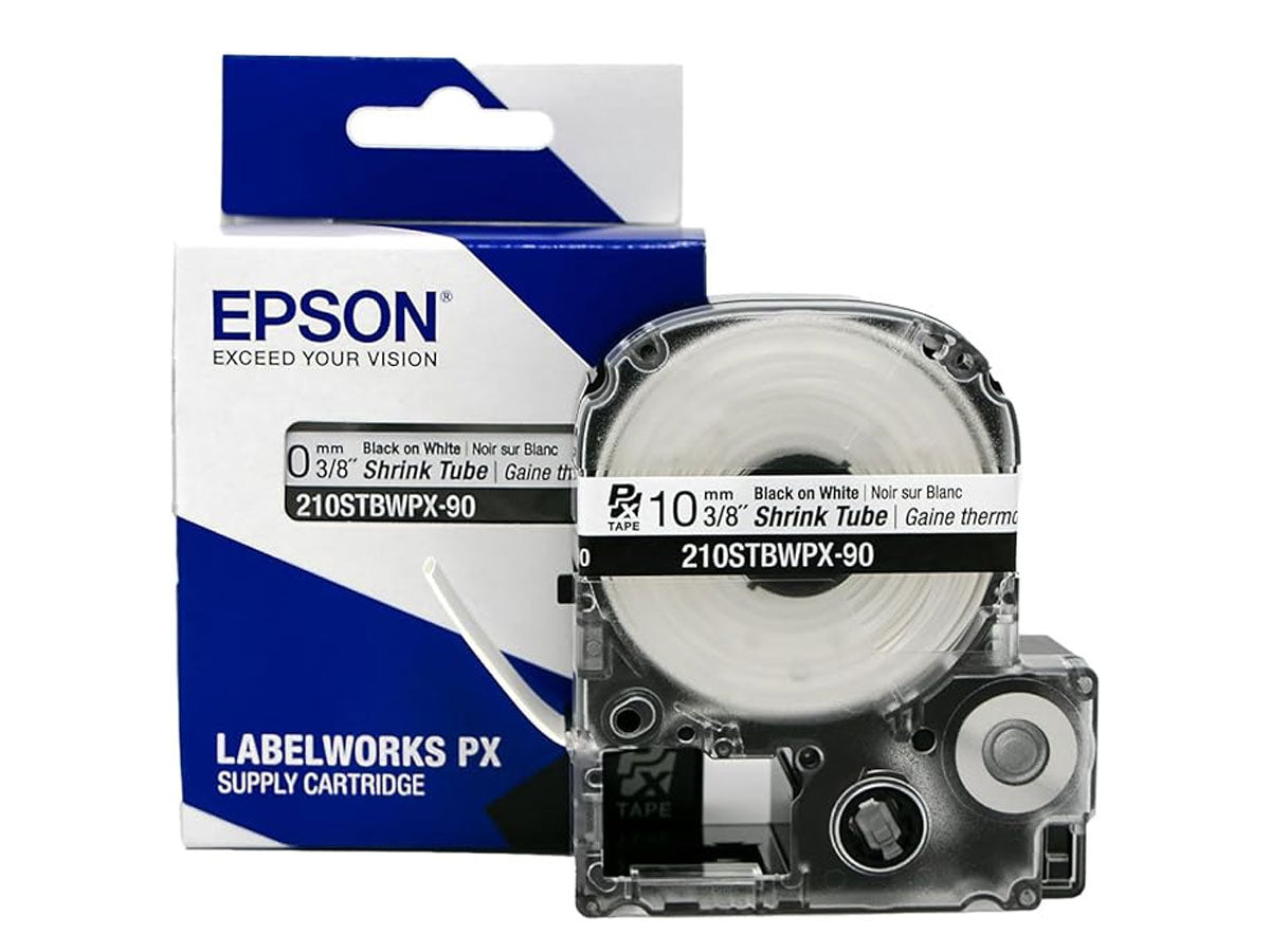 Epson LABELWORKS 210STBWPX-90 Tape Cartridge - Black on White Shrink Tube Industrial Label Maker Tape - AWG 4-12, 3/8" (10MM) Wide, 7.5 ft (90")