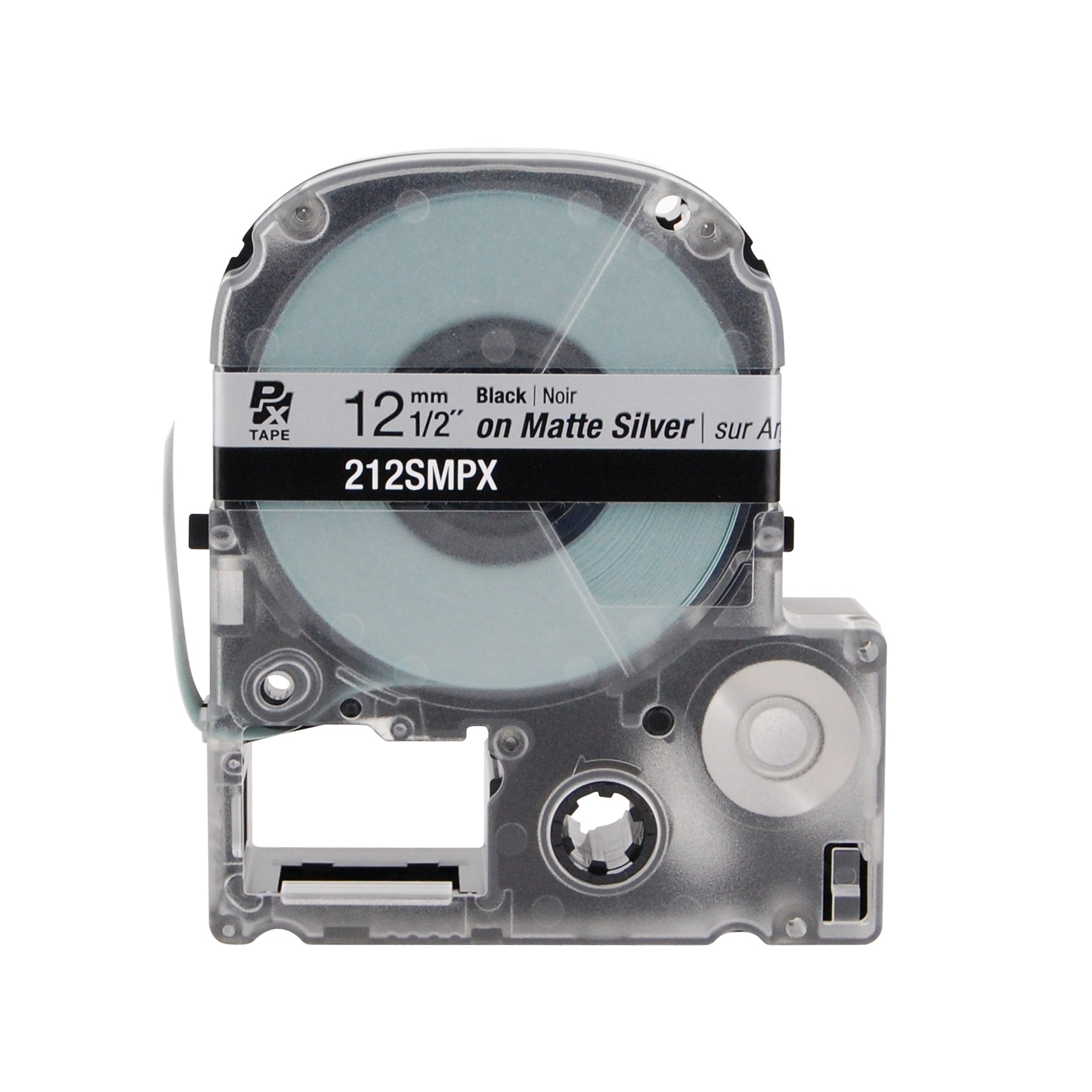 Epson LABELWORKS PX Silver Matte 1/2" (12mm) x 30 ft Black on Silver Matte Tape - 212SMPX