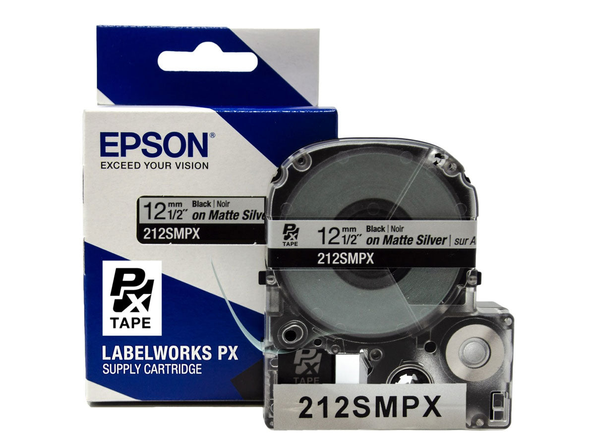 Epson LABELWORKS PX Silver Matte 1/2" (12mm) x 30 ft Black on Silver Matte Tape - 212SMPX