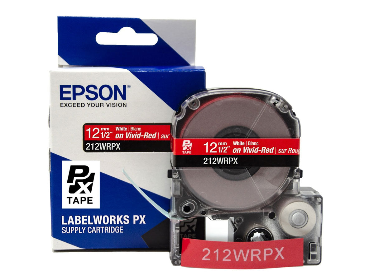 Epson LABELWORKS PX Standard 1/2" (12mm) x 30 ft White on Vivid-Red Tape - 212WRPX