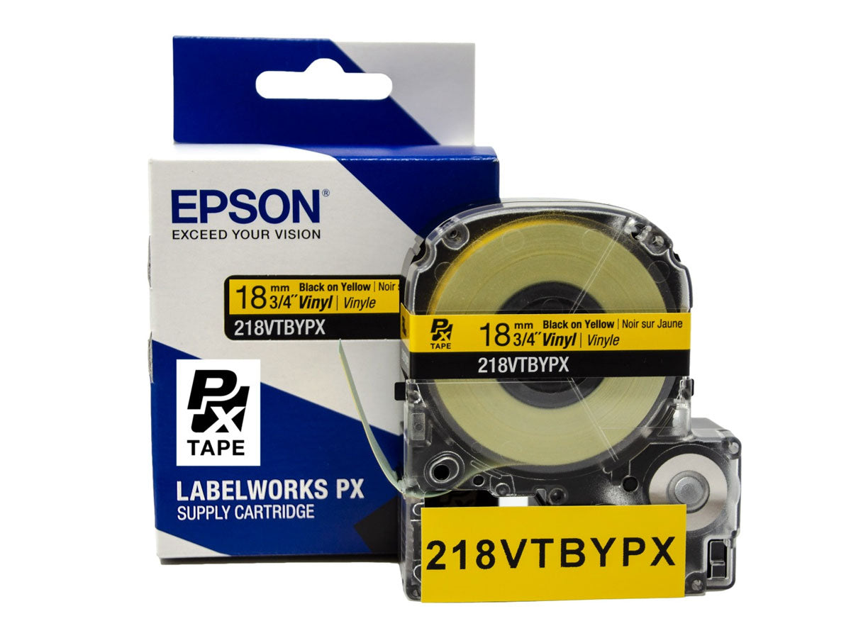 Epson LABELWORKS PX Vinyl 3/4" (18mm)  x 22.9 ft Black on Yellow Tape - 218VTBYPX