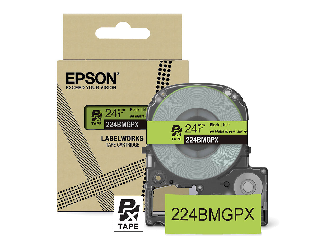 Epson LabelWorks PX Matte 1" (24mm) X 26 FT Black on Matte Green Tape - 224BMGPX