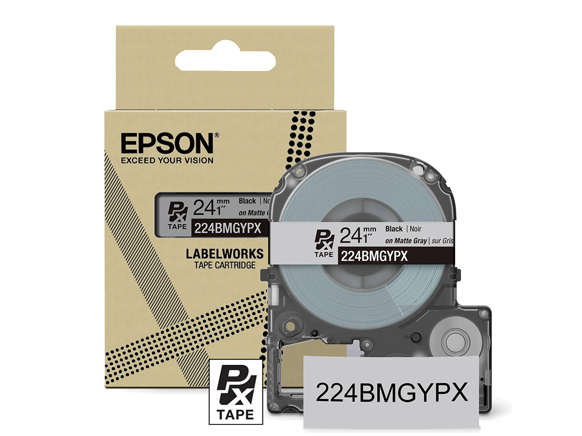Epson LabelWorks PX Matte 1" (24mm) X 26 FT Black on Matte Light Gray Tape - 224BMGYPX