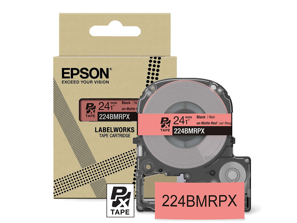 Epson LabelWorks PX Matte 1" (24mm) X 26 FT Black on Matte Red Tape - 224BMRPX