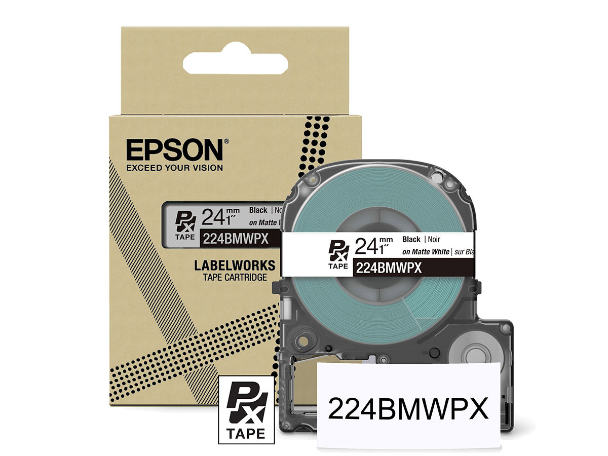Epson LabelWorks PX Matte 1" (24mm) X 26 FT Black on White Matte Tape - 224BMWPX
