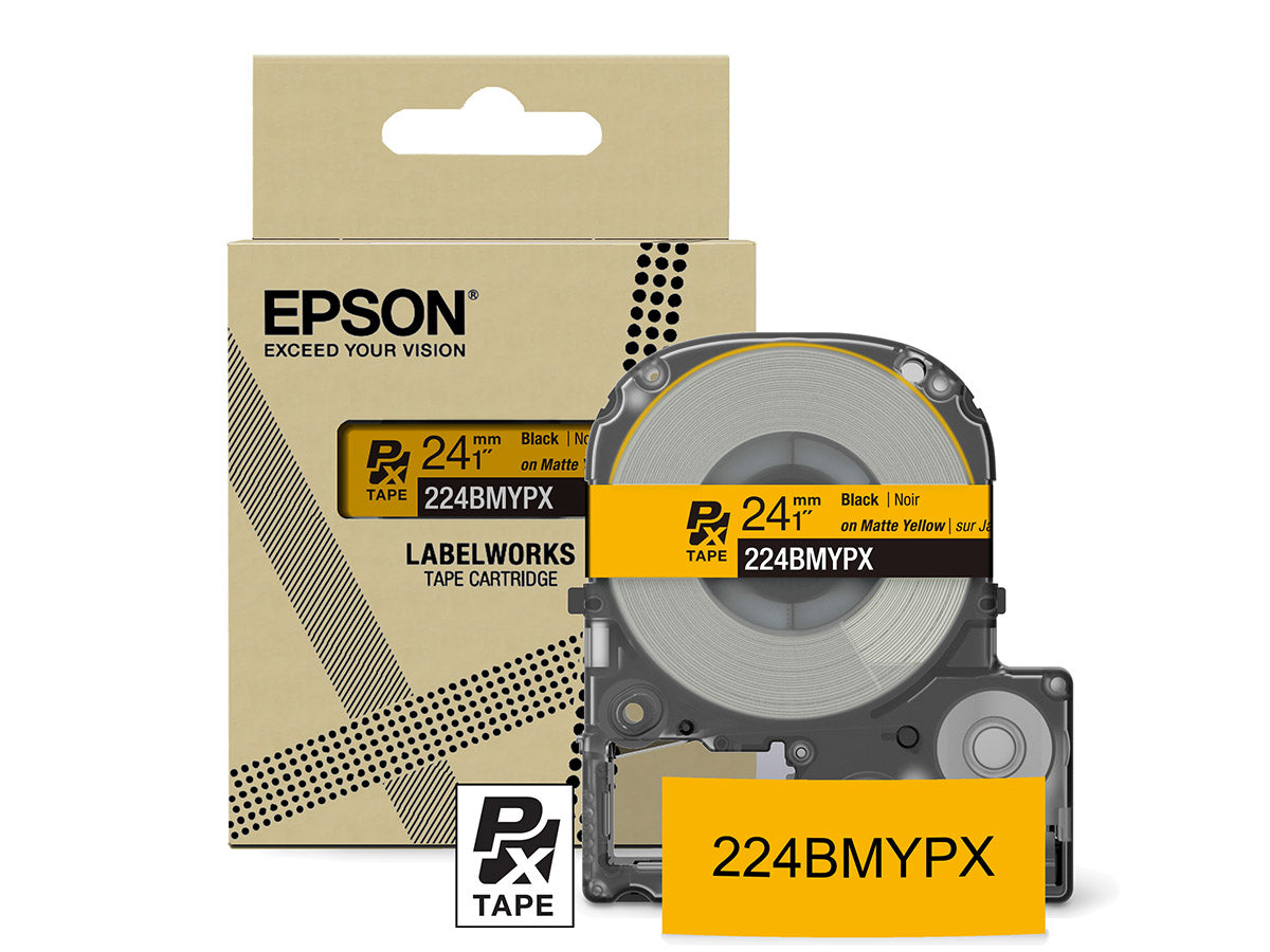 Epson LabelWorks PX Matte 1" (24mm) X 26 FT Black on Matte Yellow Tape - 224BMYPX
