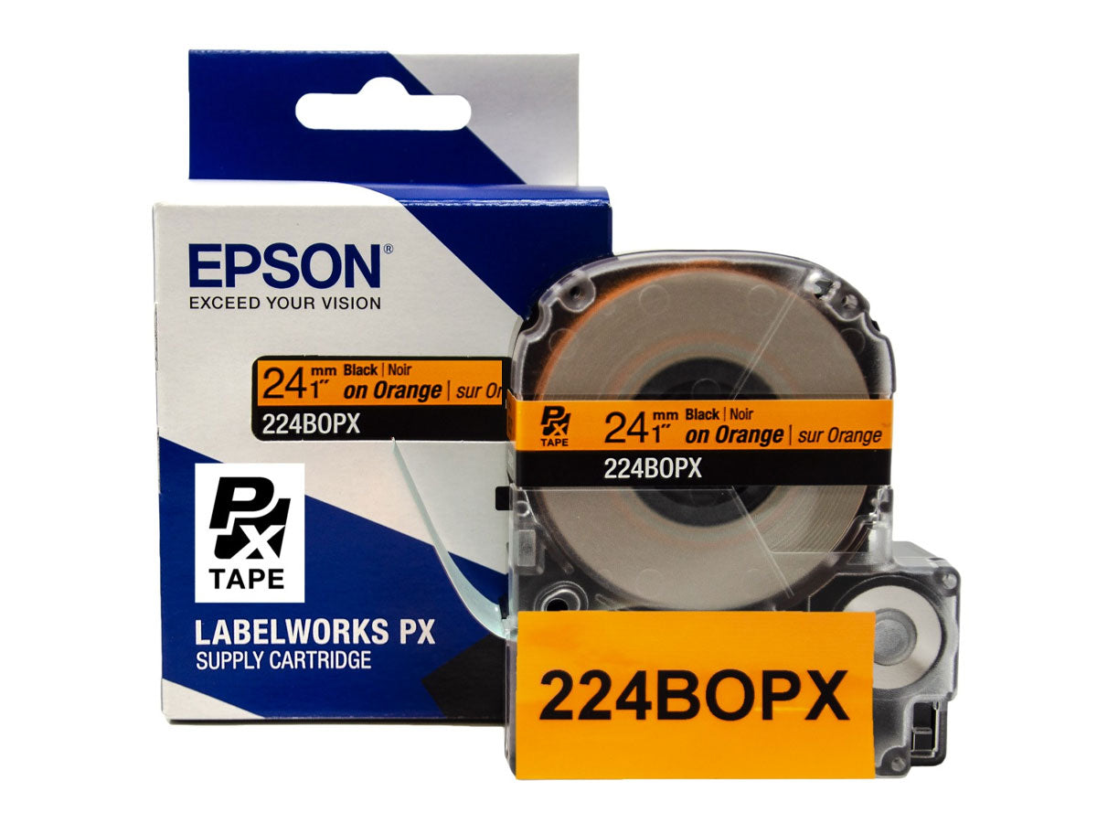 Epson LABELWORKS PX Standard 1" (24mm) x 30 ft Black on Orange Tape - 224BOPX