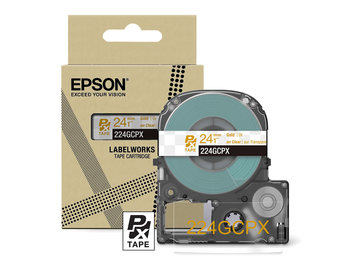Epson LabelWorks PX Gold Imprint 1" (24mm) X 30 FT Gold on Clear Tape - 224GCPX