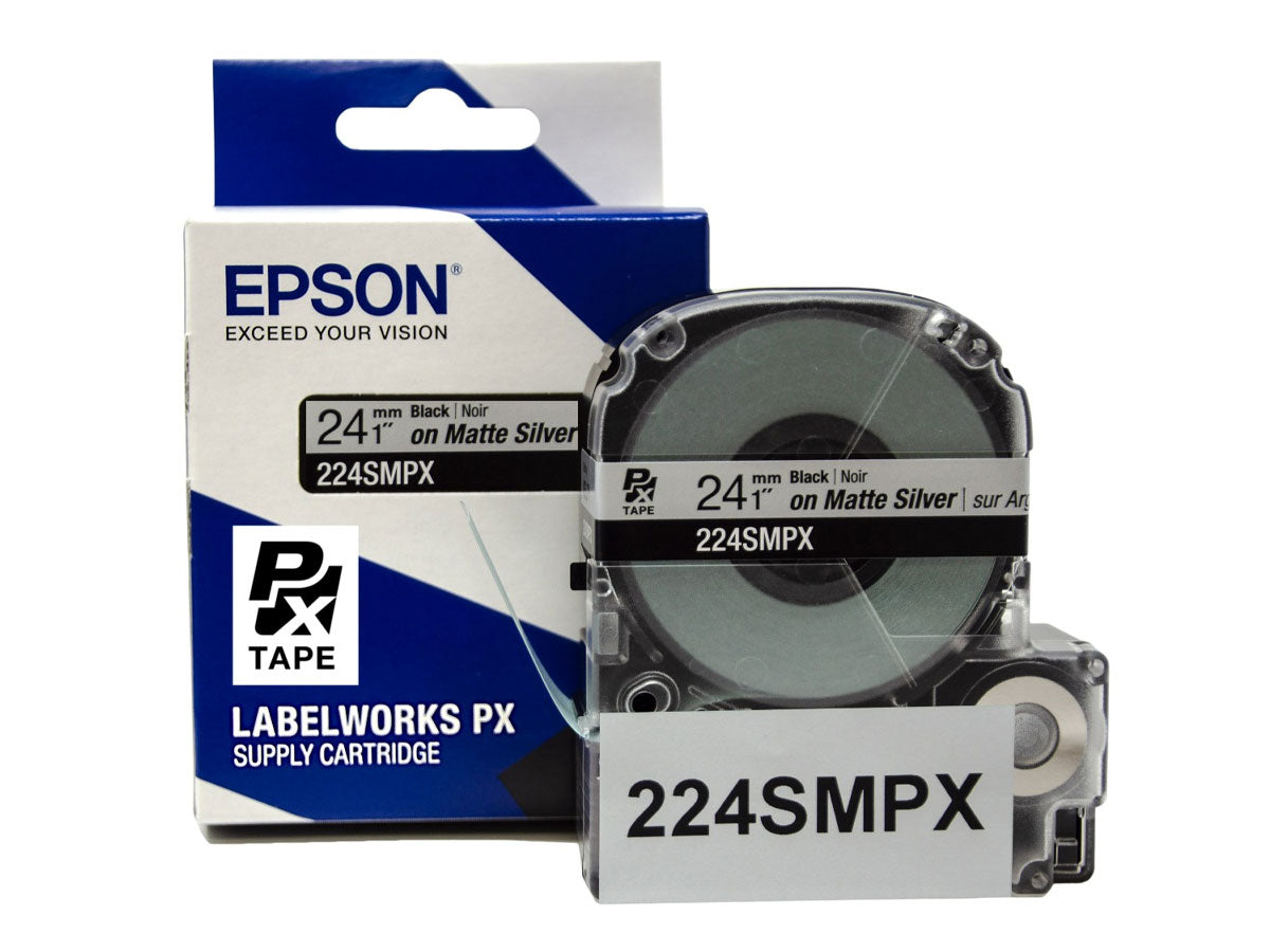Epson LABELWORKS PX Silver Matte 1" (24mm) x 30 ft Black on Silver Matte Tape - 224SMPX
