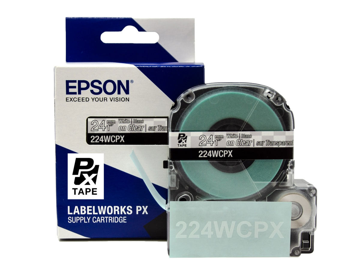 Epson LABELWORKS PX Standard 1" (24mm) x 30 ft White on Clear Tape - 224WCPX