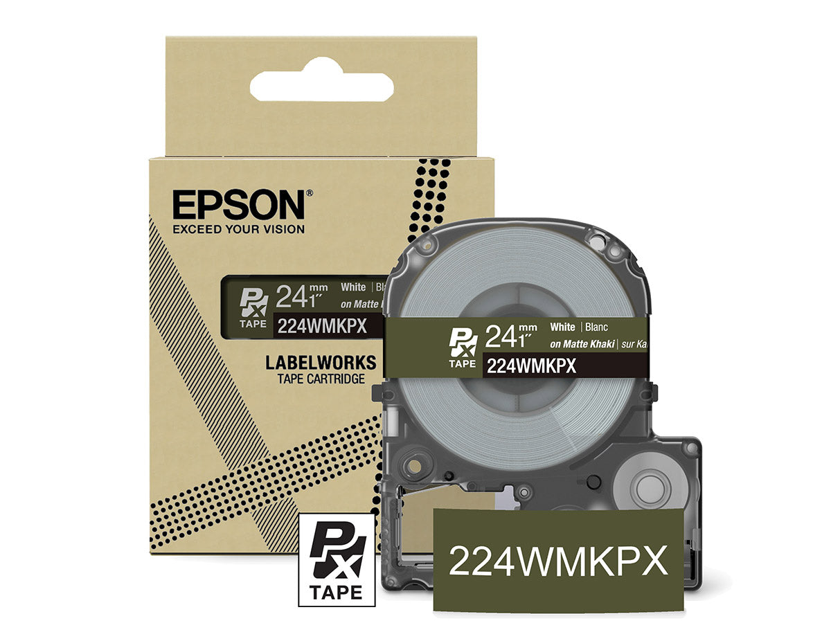 Epson LabelWorks PX Matte 1" (24mm) X 26 FT White on Matte Khaki Tape - 224WMKPX