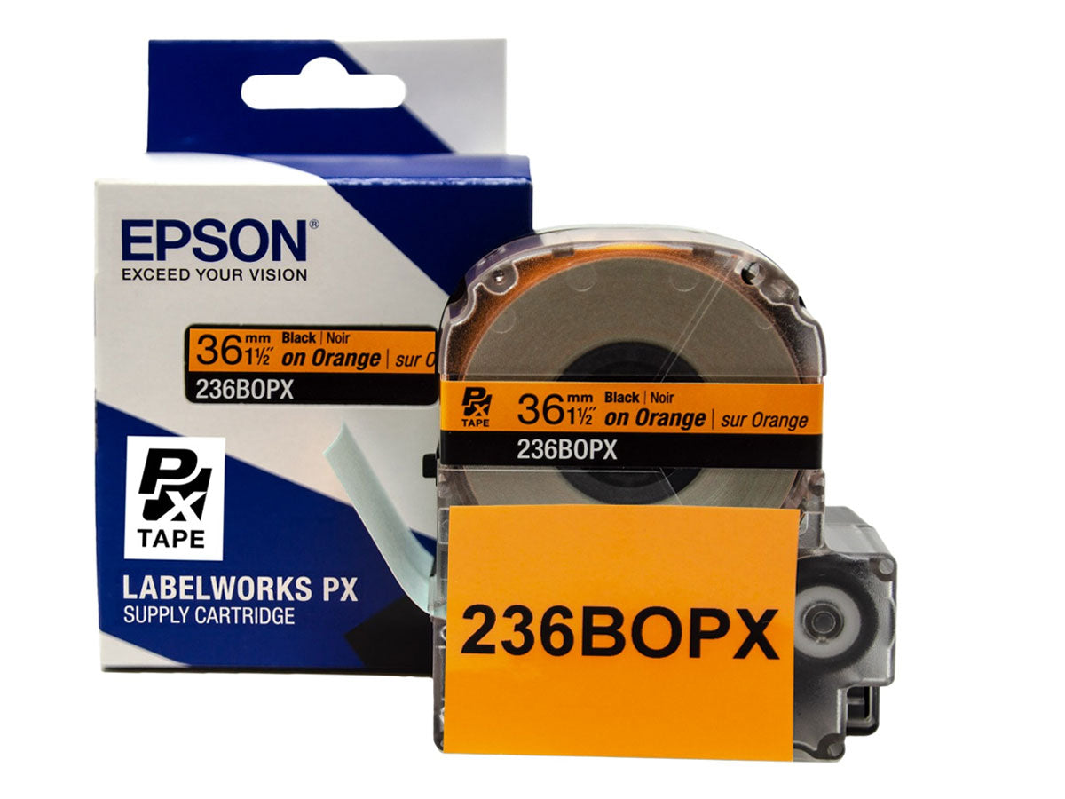 Epson LABELWORKS PX Standard 1½" (36mm) x 30 ft Black on Orange Tape - 236BOPX