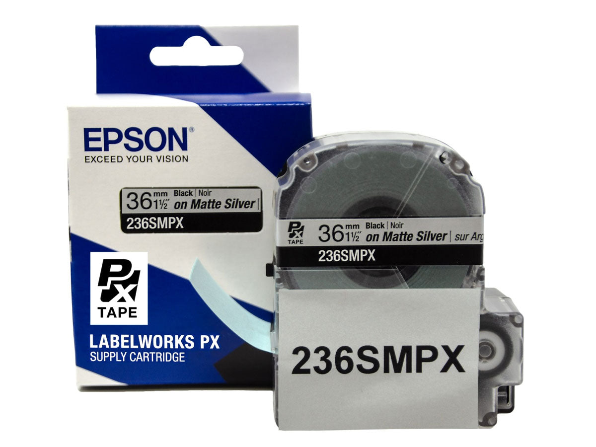 Epson LABELWORKS PX Silver Matte 1½" (36mm) x 30 ft Black on Silver Matte Tape - 236SMPX