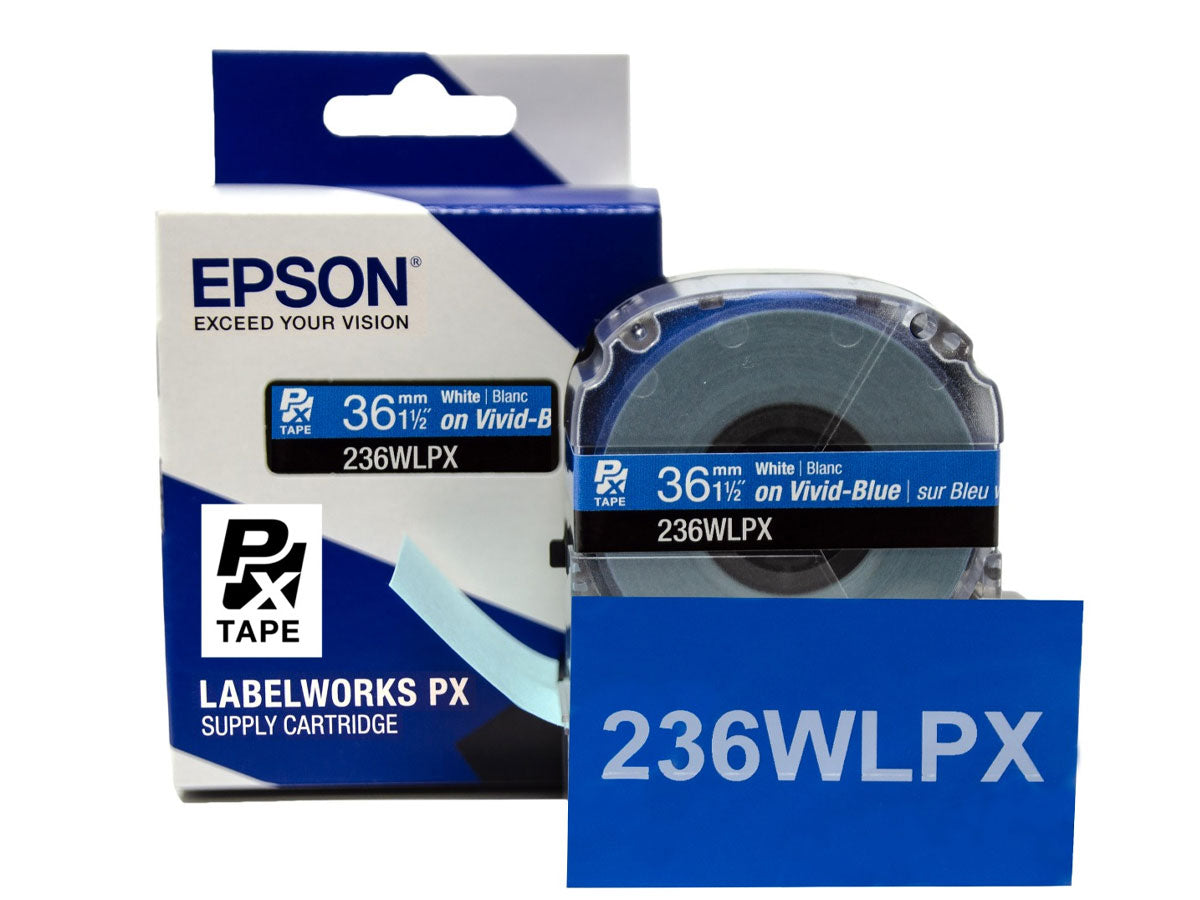 Epson LABELWORKS PX Standard 1½" (36mm) x 30 ft White on Vivid-Blue Tape - 236WLPX