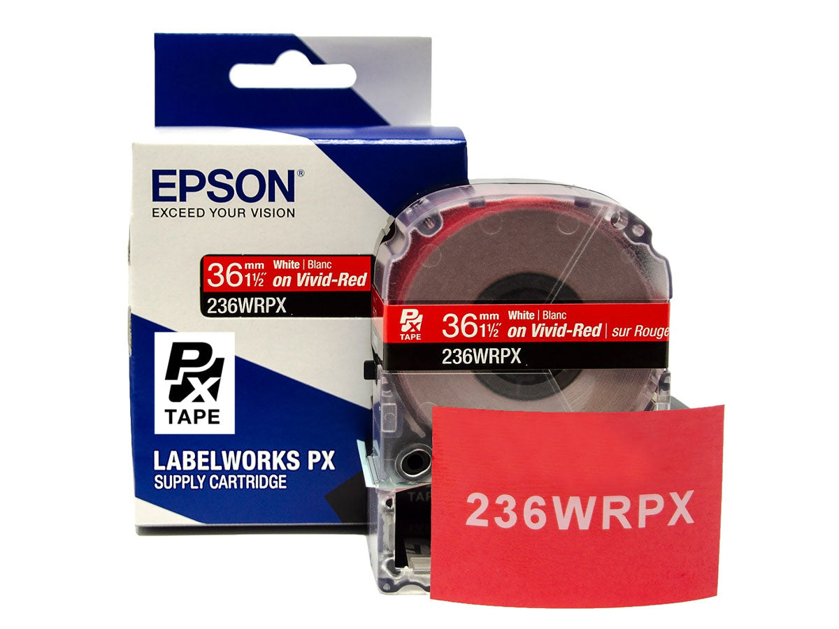 Epson LABELWORKS PX Standard 1½" (36mm) x 30 ft White on Vivid-Red Tape - 236WRPX