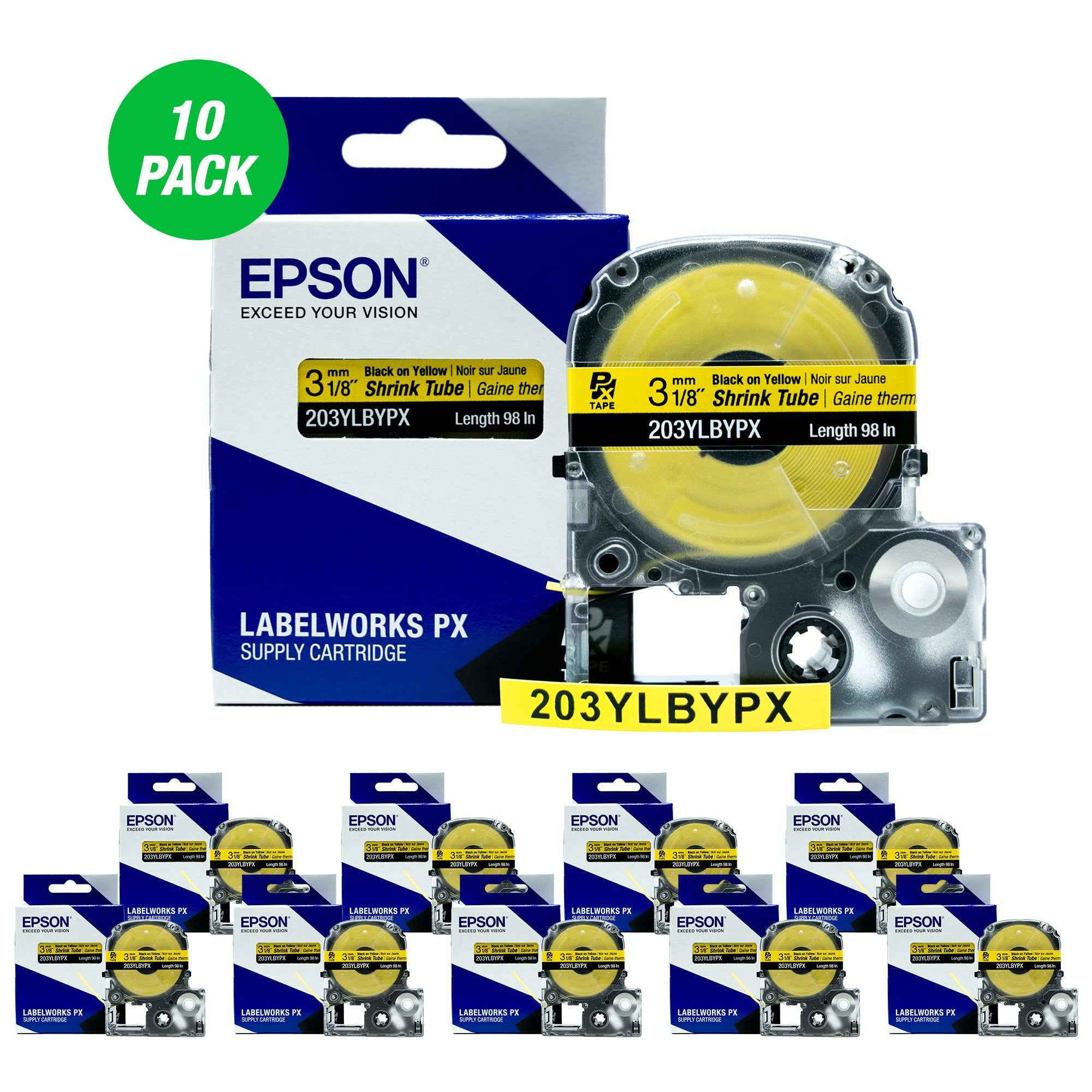 Epson LABELWORKS PX Shrink Tube 1/8" (AWG 16-22) x 98" Black on Yellow Tape 10 Pack - 203YLBYPX-10PK
