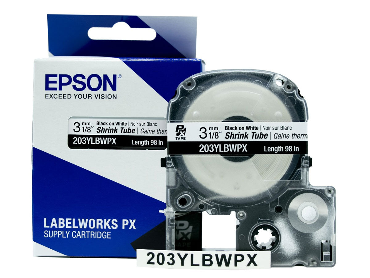 Epson LABELWORKS PX Shrink Tube 1/8" (AWG 16-22) x 98" Black on White Tape - 203YLBWPX