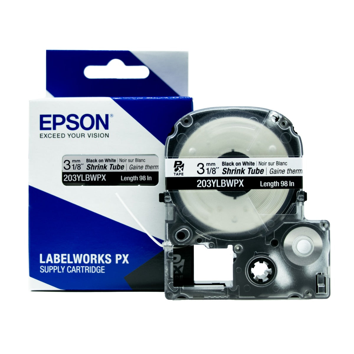 Epson LABELWORKS PX Shrink Tube 1/8" (AWG 16-22) x 98" Black on White Tape - 203YLBWPX