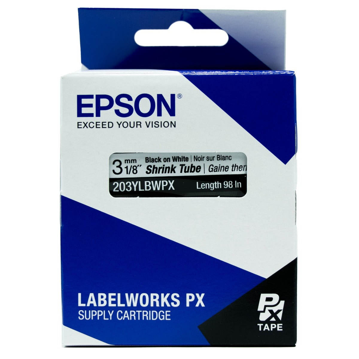 Epson LABELWORKS PX Shrink Tube 1/8" (AWG 16-22) x 98" Black on White Tape - 203YLBWPX