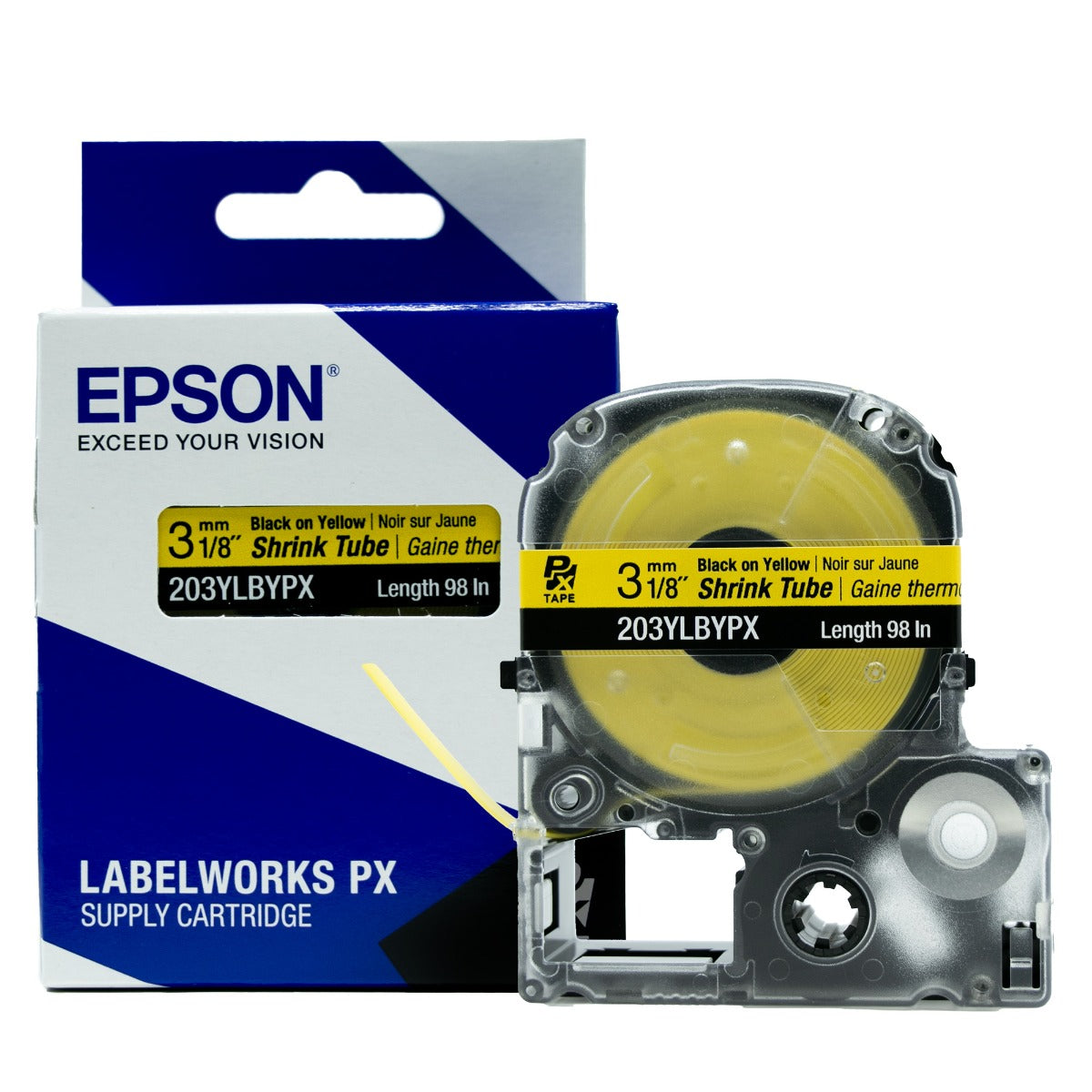 Epson LABELWORKS PX Shrink Tube 1/8" (AWG 16-22) x 98" Black on Yellow Tape - 203YLBYPX