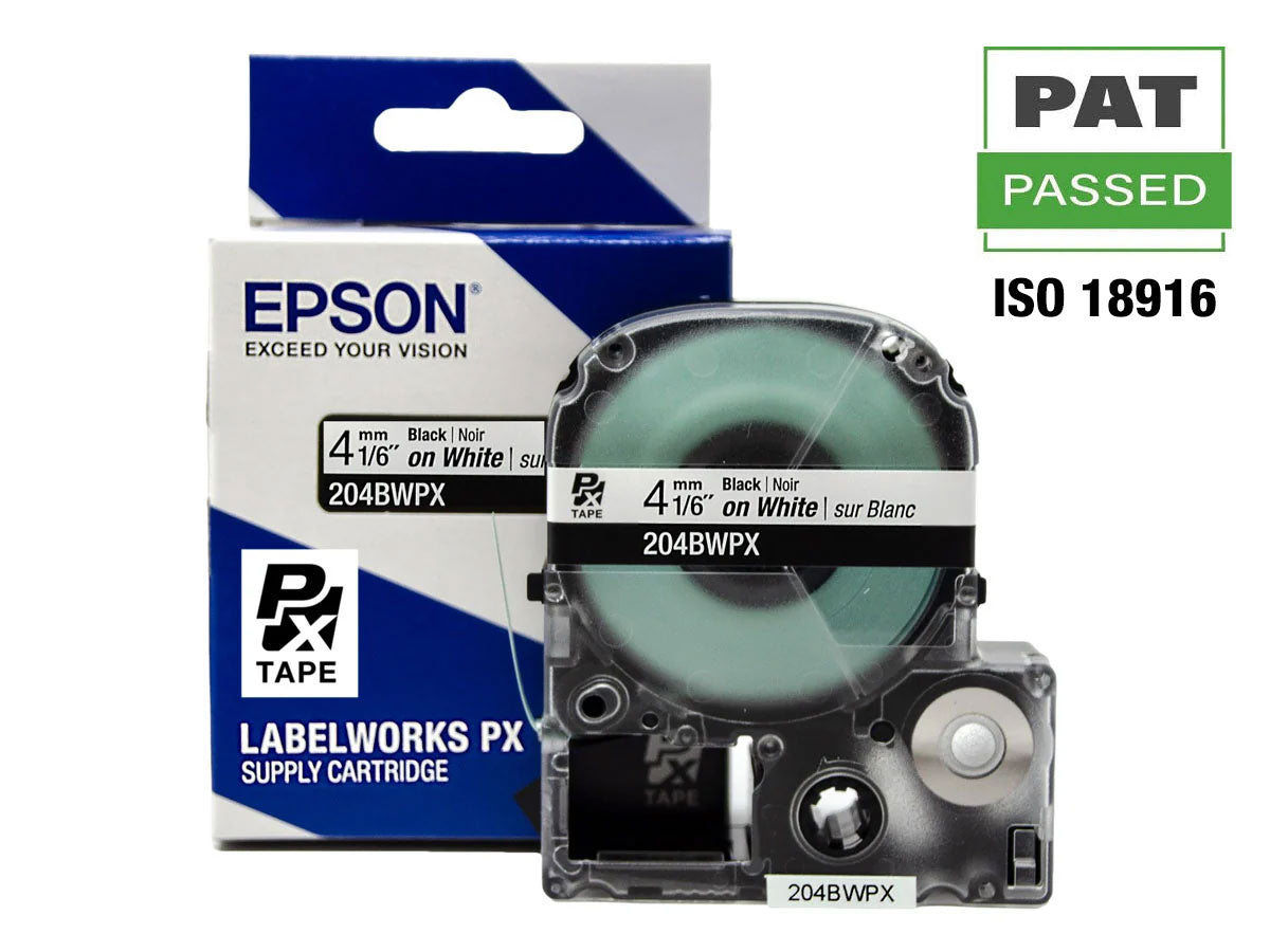 Epson LABELWORKS PX Standard 1/6" (4mm) x 30 ft Black on White Tape - 204BWPX