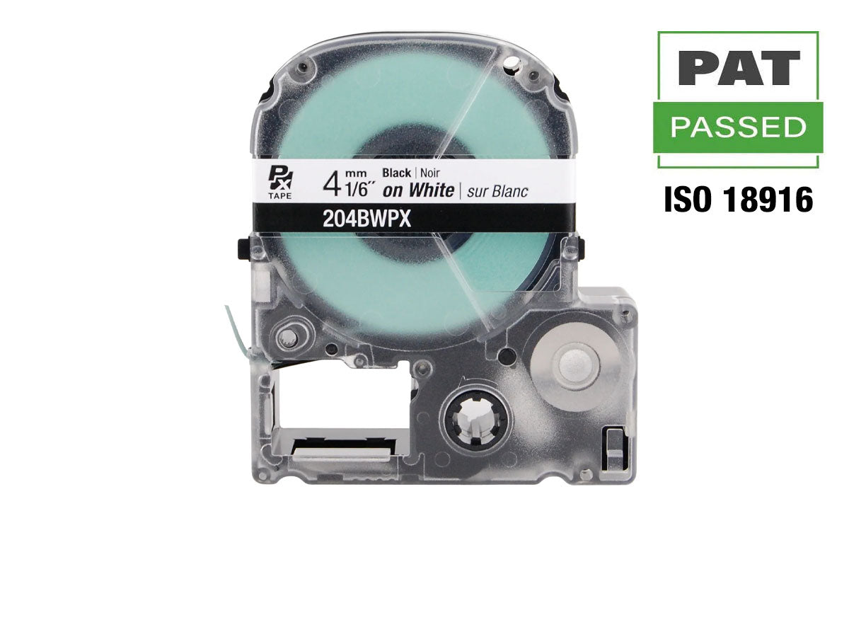 Epson LABELWORKS PX Standard 1/6" (4mm) x 30 ft Black on White Tape - 204BWPX