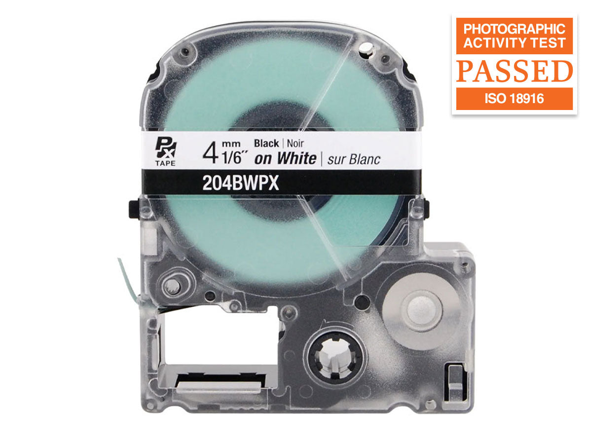 Epson LABELWORKS PX Standard 1/6" (4mm) x 30 ft Black on White Tape - 204BWPX