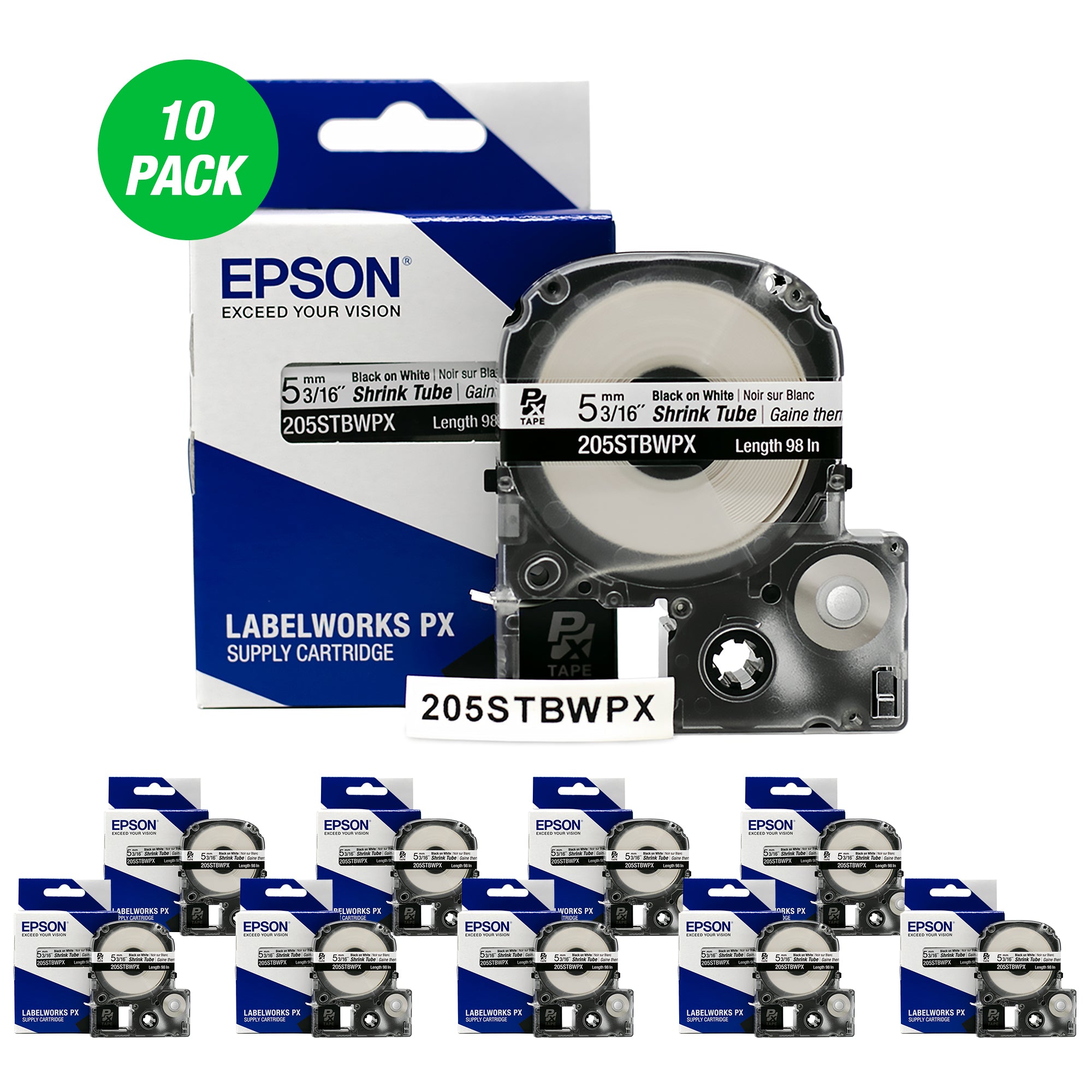 Epson LABELWORKS PX Shrink Tube 3/16" (AWG 8-12) x 98" Black on White Tape 10 Pack - 205STBWPX-10PK