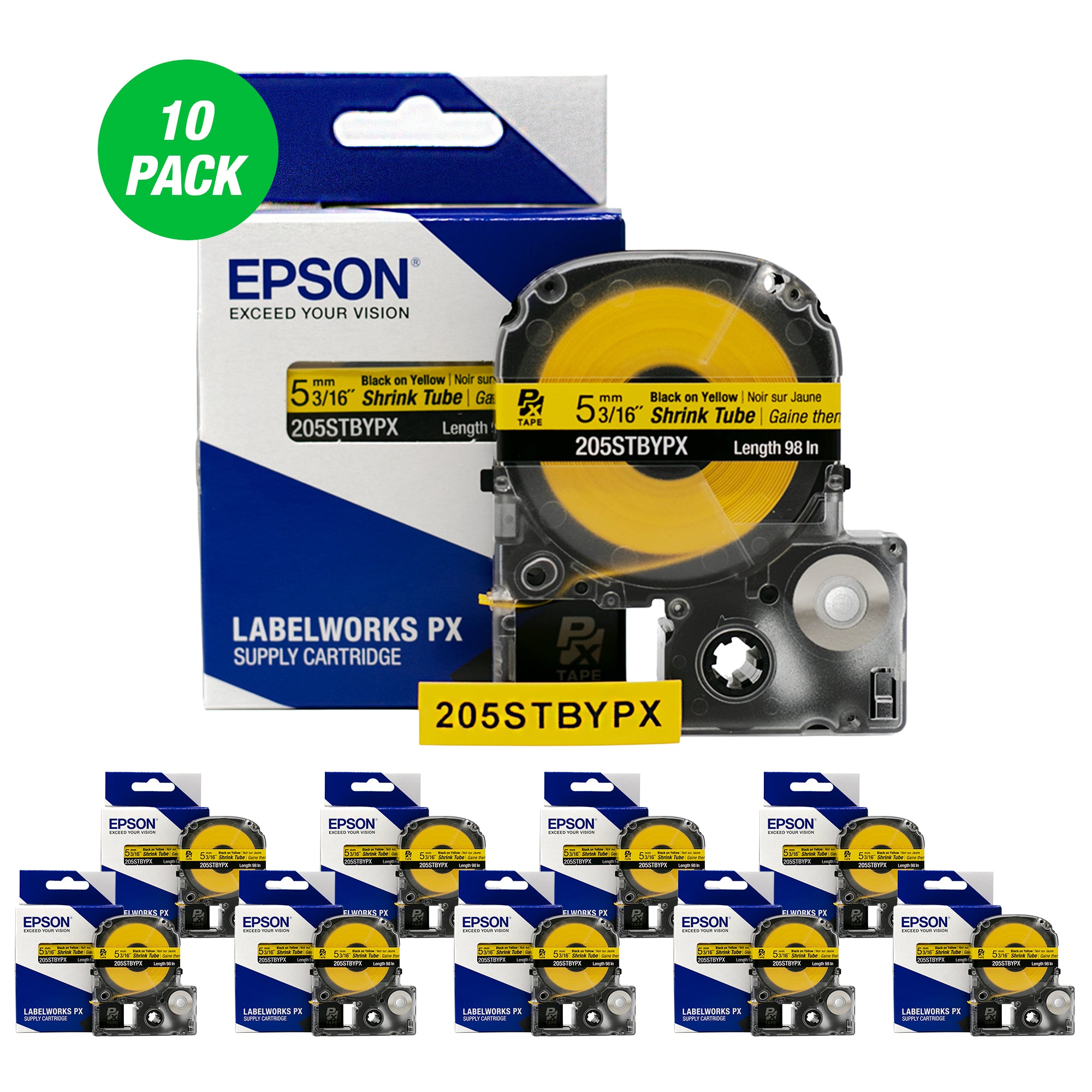 Epson LABELWORKS PX Shrink Tube 3/16" (AWG 8-12) x 98" Black on Yellow Tape 10 Pack - 205STBYPX-10PK