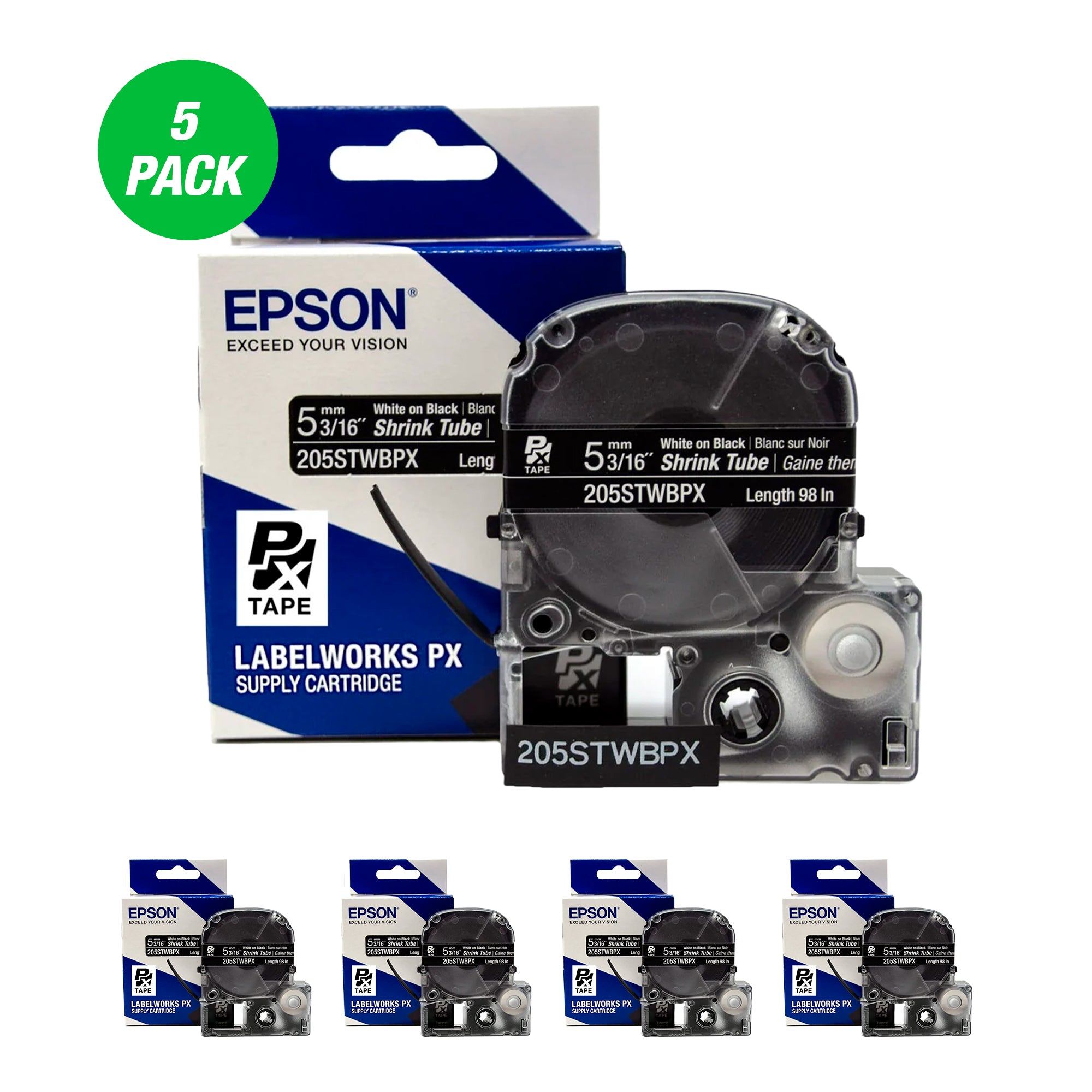 Epson LABELWORKS PX Shrink Tube 3/16" (AWG 8-12) x 98" White on Black Tape 5 Pack - 205STWBPX-5PK