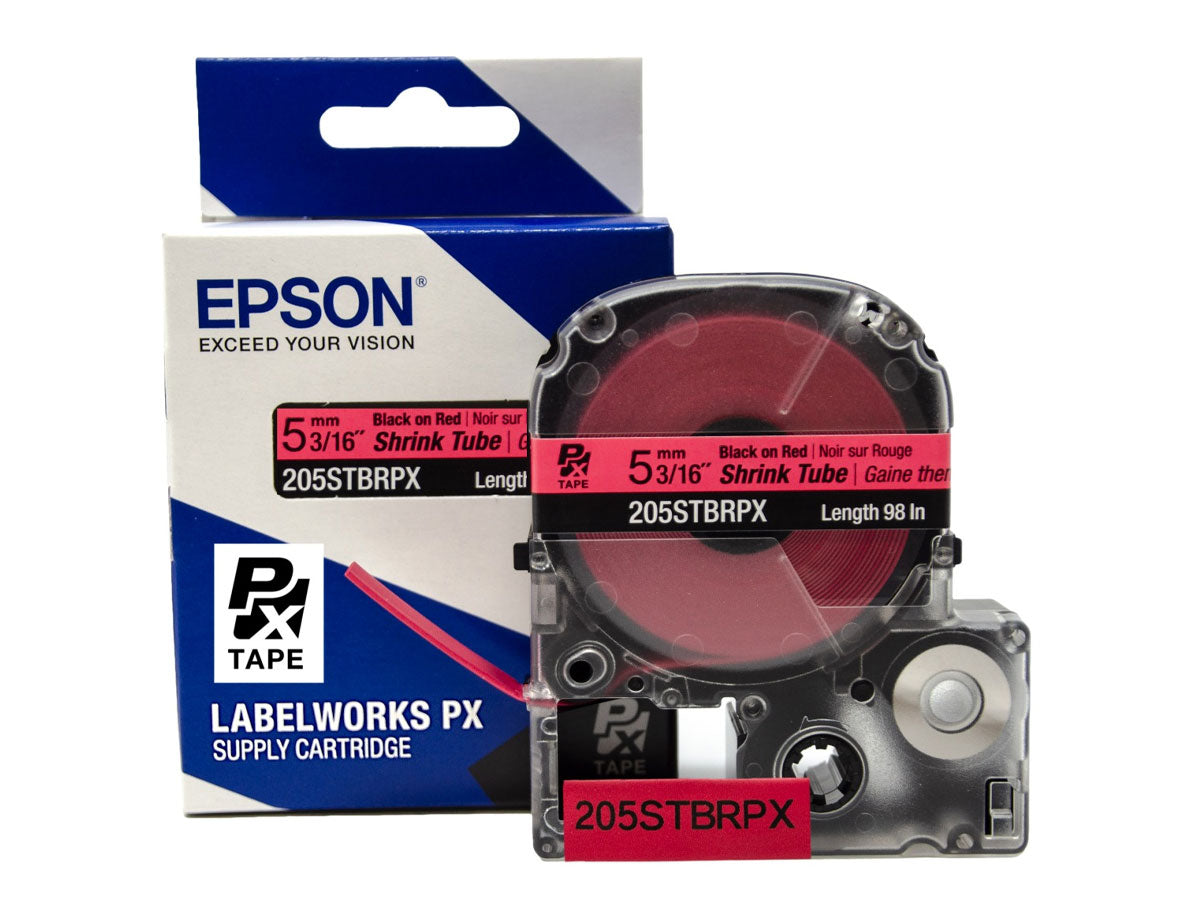 Epson LABELWORKS PX Shrink Tube 3/16" (AWG 8-12) x 98" Black on Red Tape - 205STBRPX