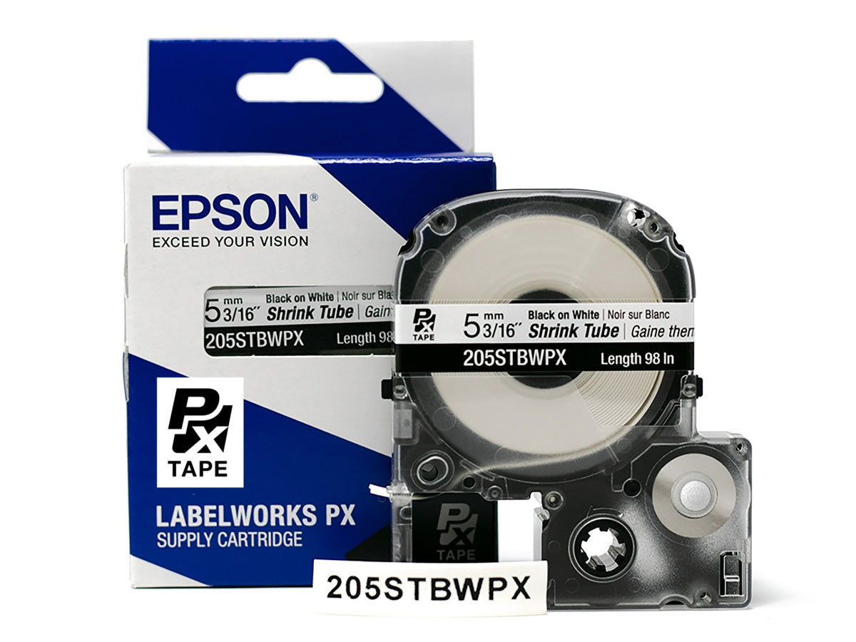 Epson LABELWORKS PX Shrink Tube 3/16" (AWG 8-12) x 98" Black on White Tape - 205STBWPX