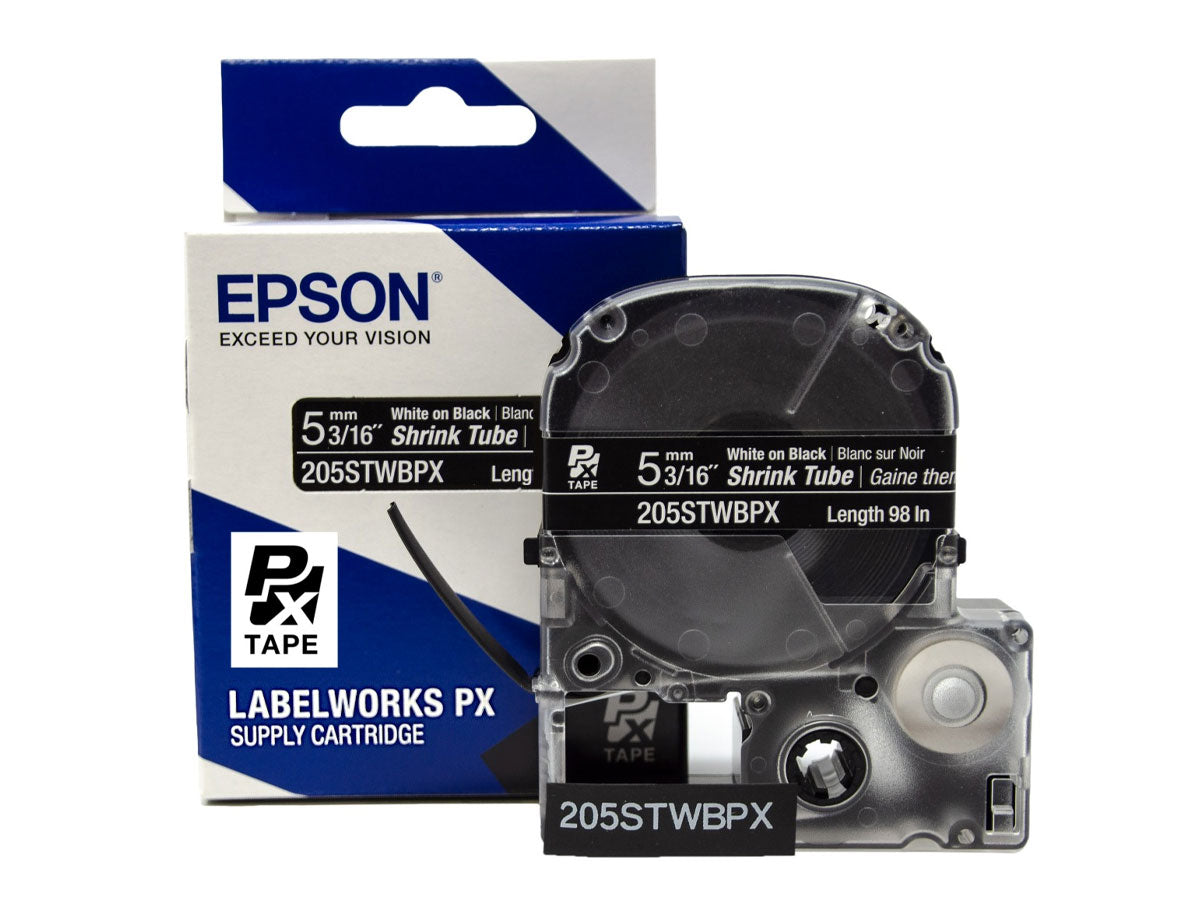 Epson LABELWORKS PX Shrink Tube 3/16" (AWG 8-12) x 98" White on Black Tape - 205STWBPX