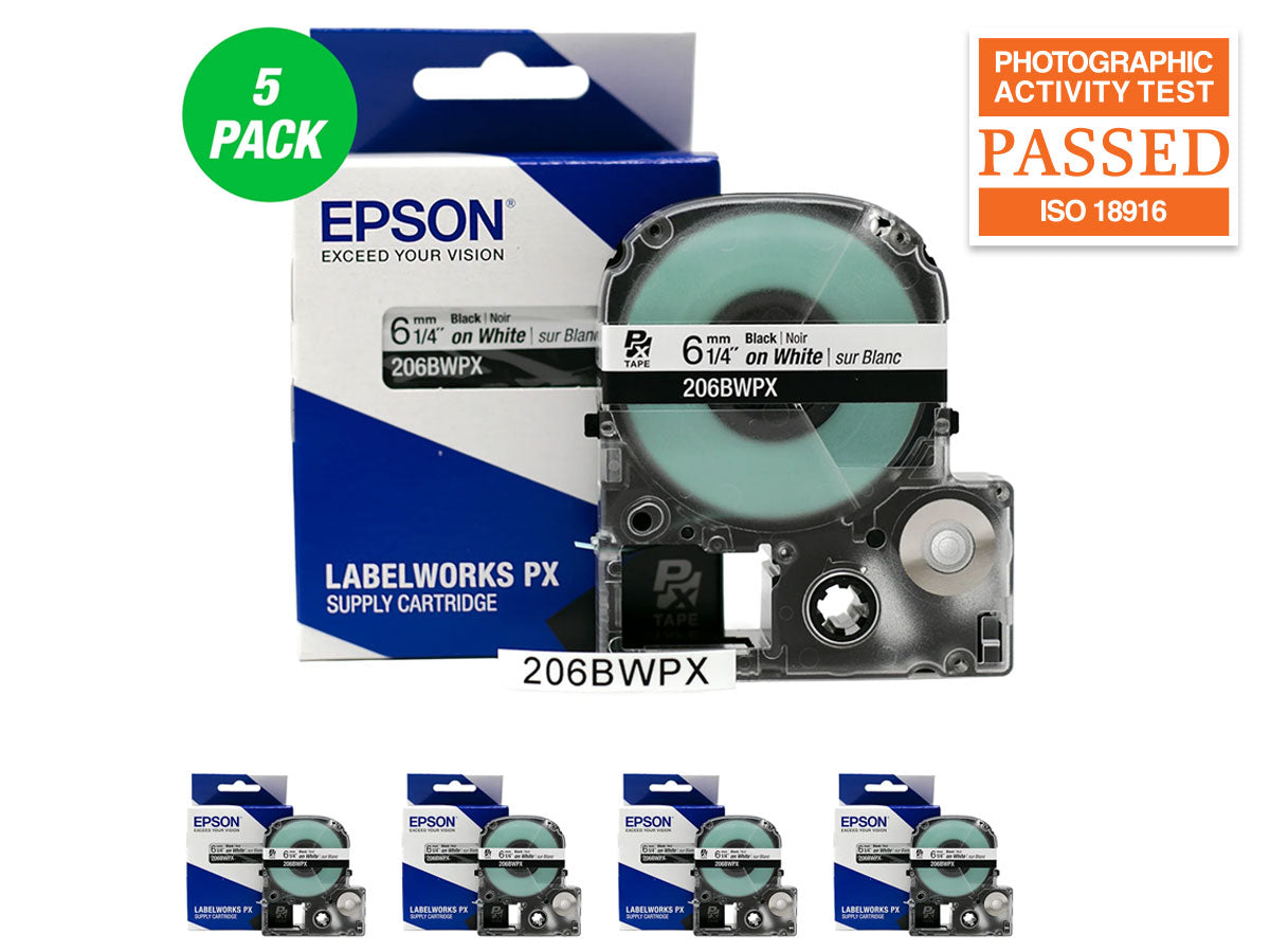 Epson LABELWORKS PX Standard 1/4" (6mm) x 30 ft Black on White Tape 5 Pack - 206BWPX-5PK