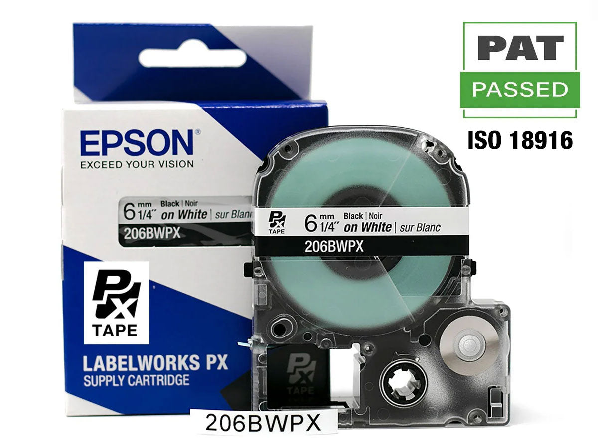 Epson LABELWORKS PX Standard 1/4" (6mm) x 30 ft Black on White Tape - 206BWPX