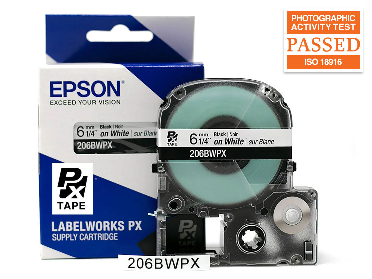 Epson LABELWORKS PX Standard 1/4" (6mm) x 30 ft Black on White Tape - 206BWPX