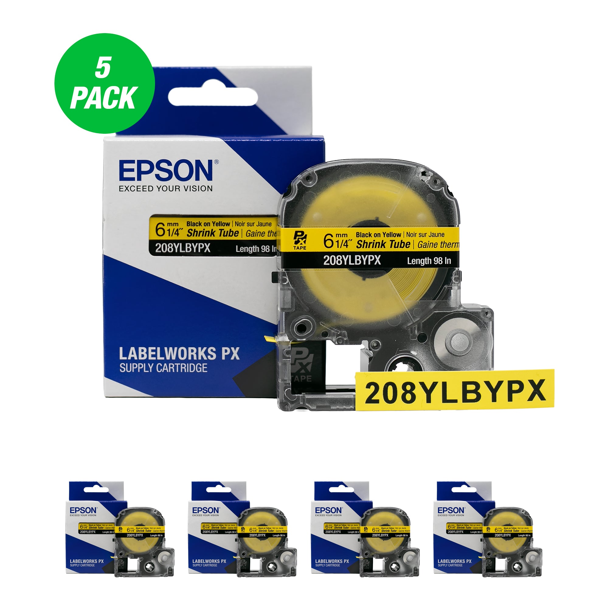 Epson LABELWORKS PX Shrink Tube 1/4" (AWG 6-18) x 98" Black on Yellow Tape 5 Pack - 208YLBYPX-5PK