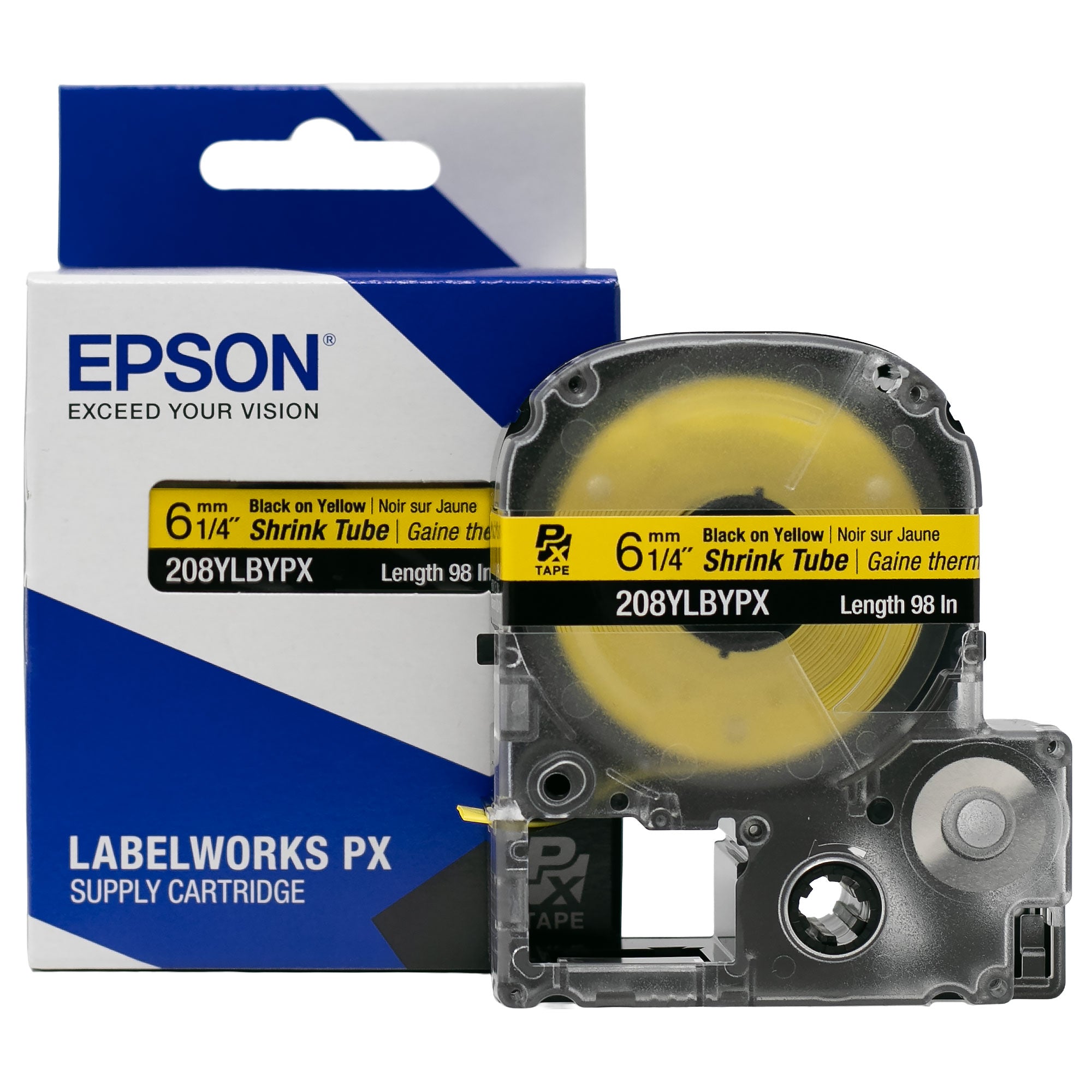 Epson LABELWORKS PX Shrink Tube 1/4" (AWG 6-18) x 98" Black on Yellow Tape - 208YLBYPX