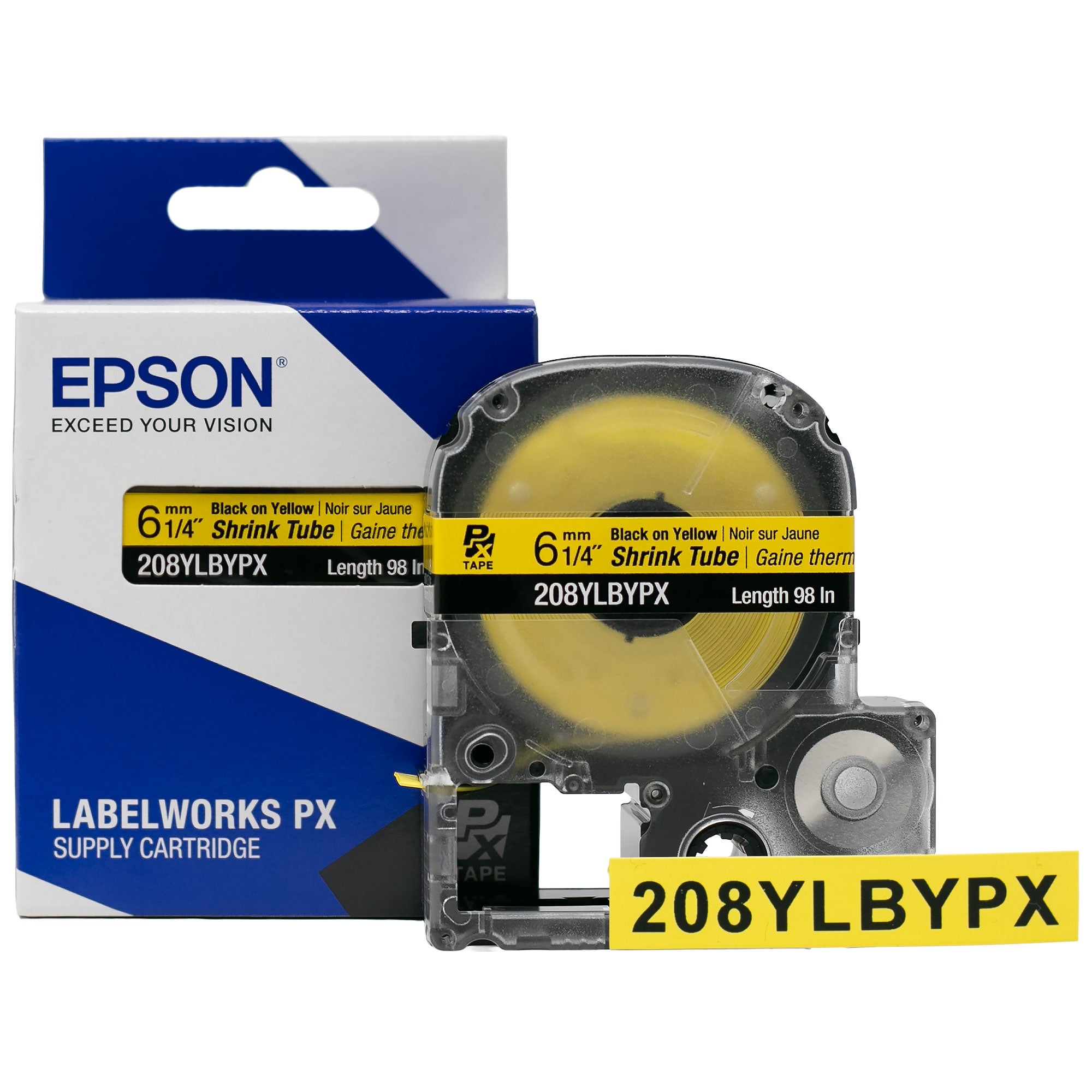 Epson LABELWORKS PX Shrink Tube 1/4" (AWG 6-18) x 98" Black on Yellow Tape - 208YLBYPX