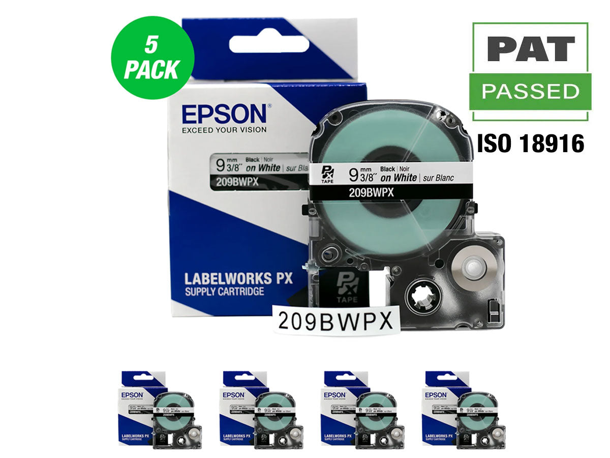 Epson LABELWORKS PX Standard 3/8" (9mm) x 30 ft Black on White Tape 5 Pack - 209BWPX-5PACK