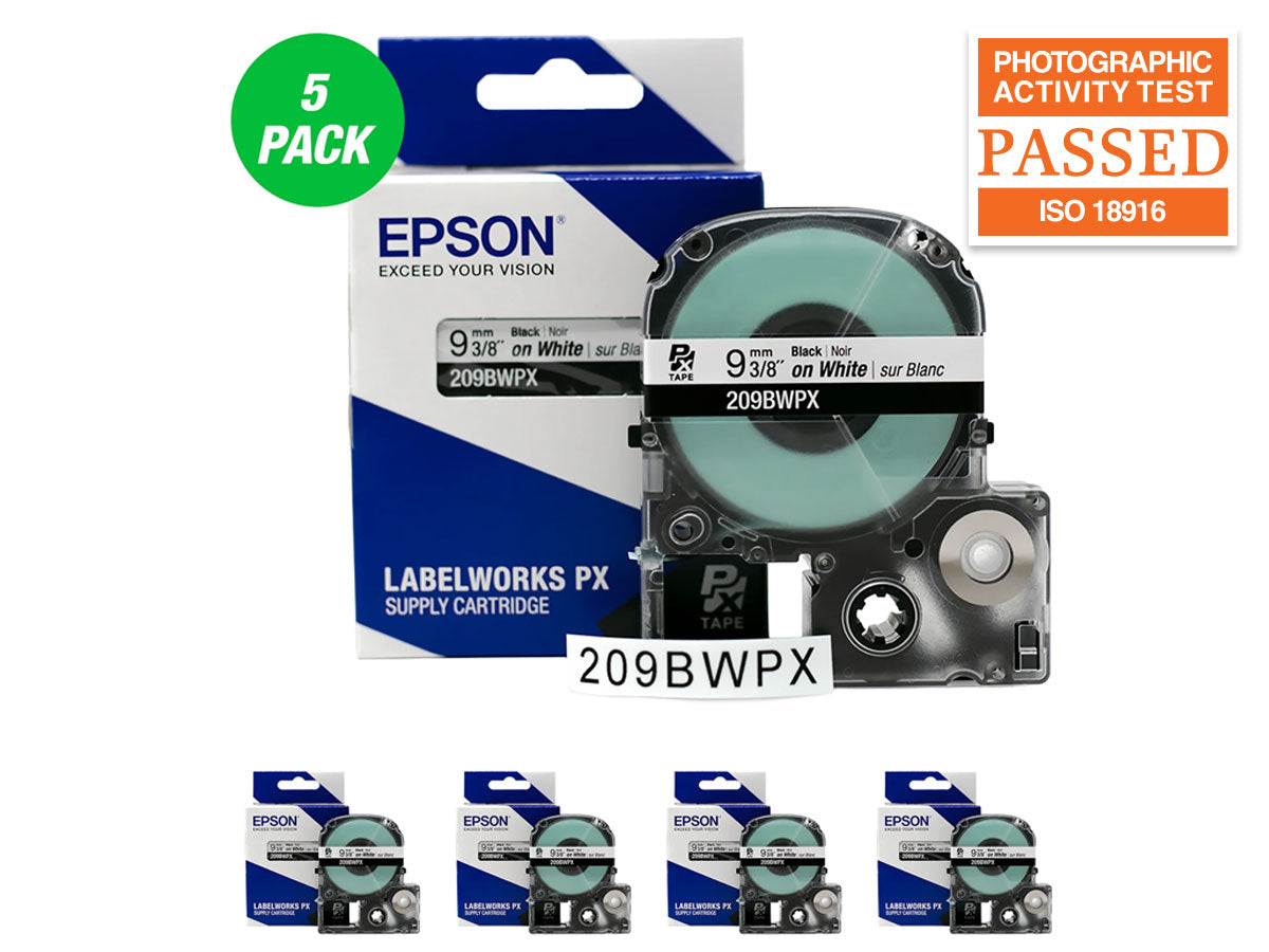 Epson LABELWORKS PX Standard 3/8" (9mm) x 30 ft Black on White Tape 5 Pack - 209BWPX-5PACK