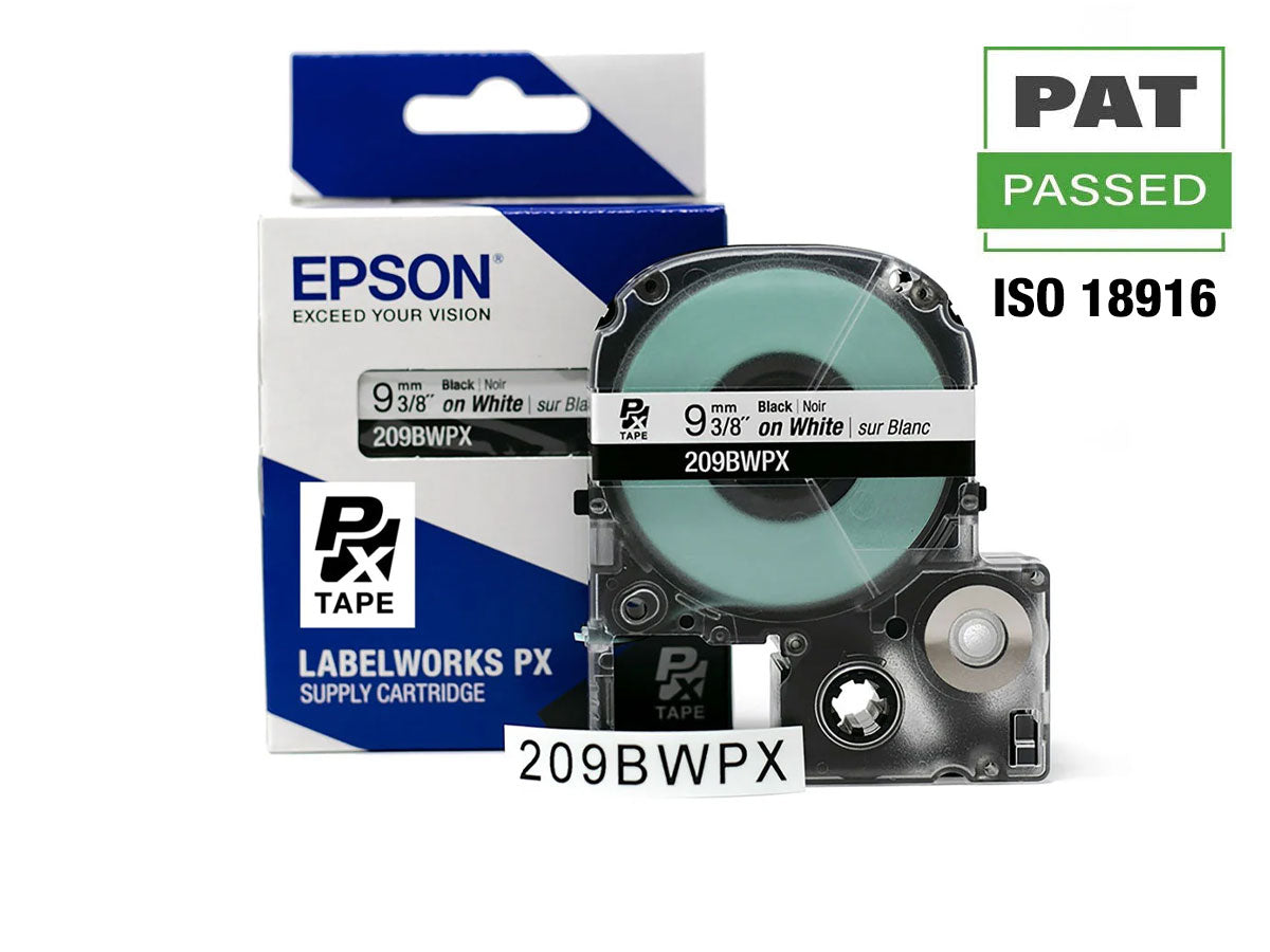 Epson LABELWORKS PX Standard 3/8" (9mm) x 30 ft Black on White Tape - 209BWPX