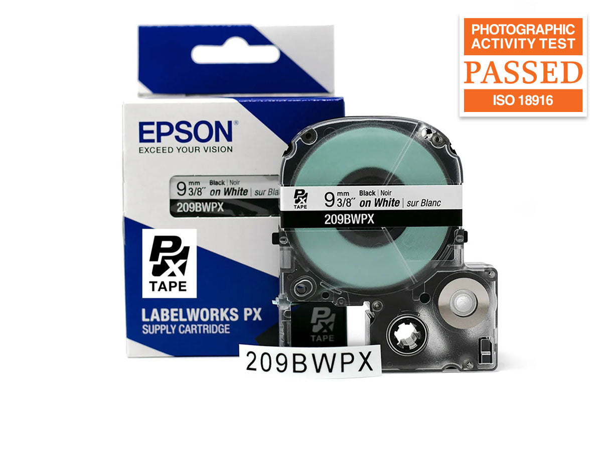 Epson LABELWORKS PX Standard 3/8" (9mm) x 30 ft Black on White Tape 5 Pack - 209BWPX-5PACK