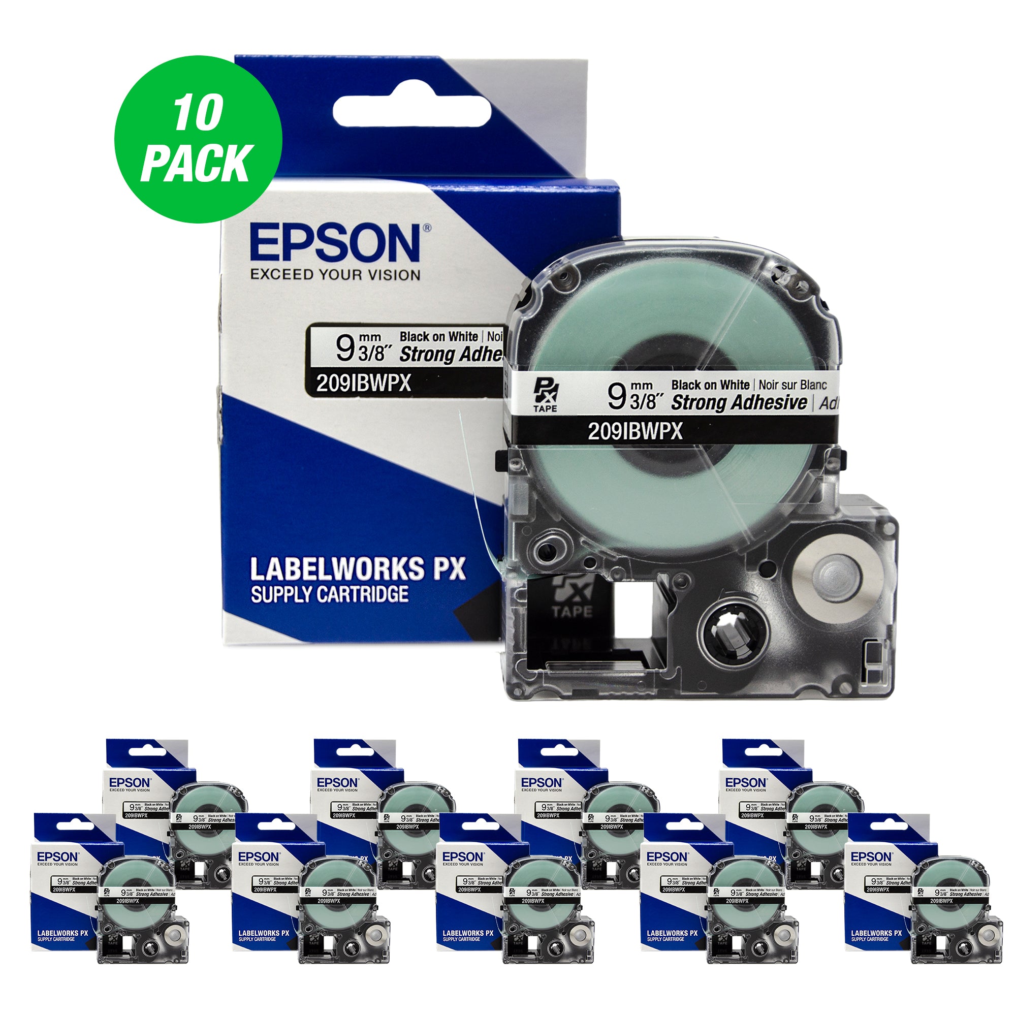 Epson LABELWORKS PX Strong Adhesive 3/8" (9mm) x 30 ft Black on White Tape 10 Pack - 209IBWPX-10PK