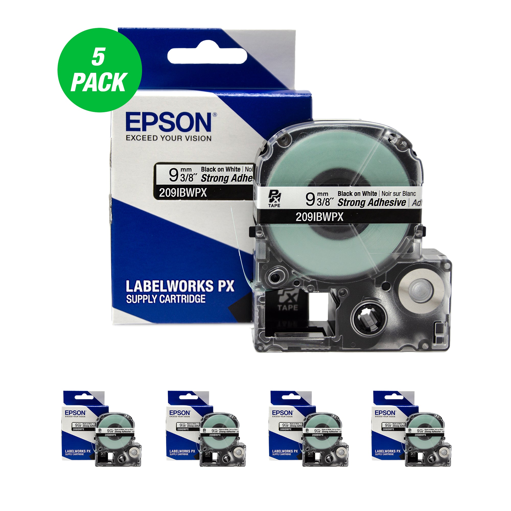 Epson LABELWORKS PX Strong Adhesive 3/8" (9mm) x 30 ft Black on White Tape 5 Pack - 209IBWPX-5PK