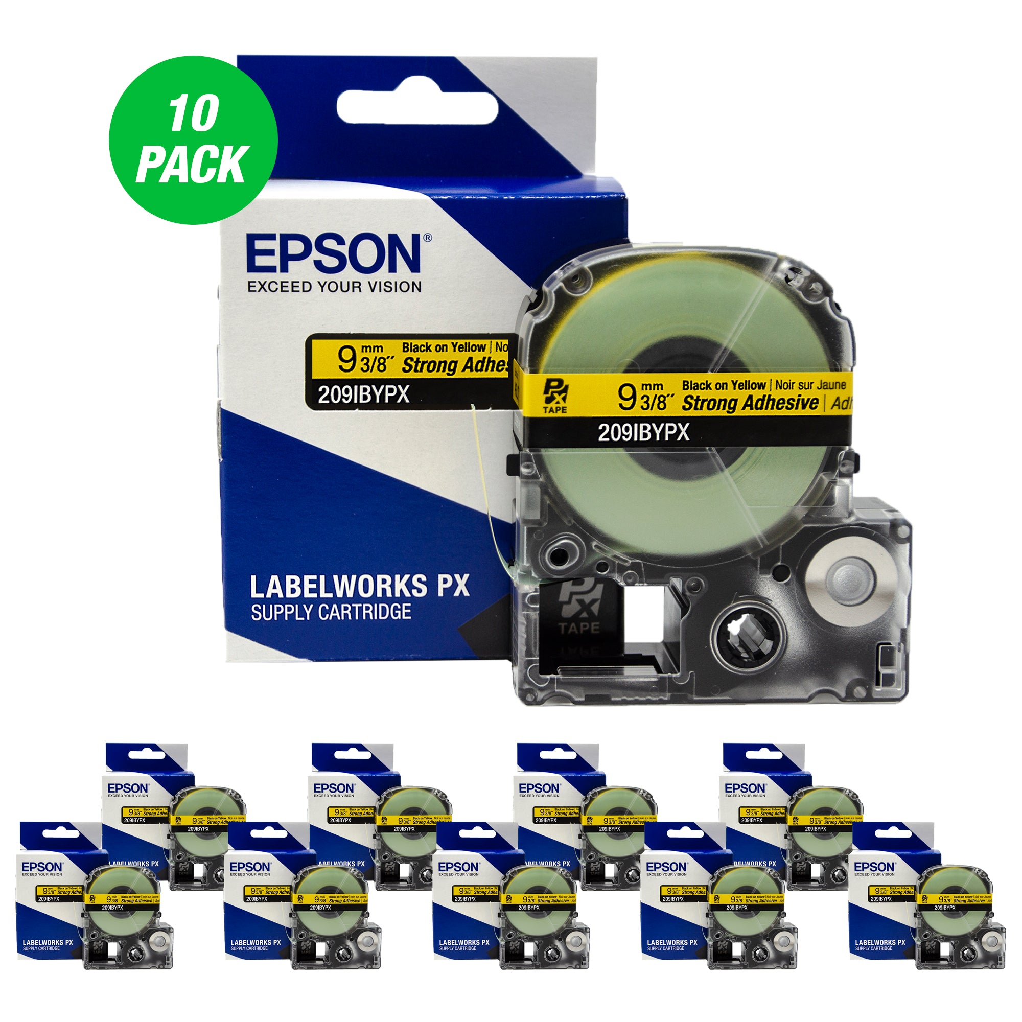 Epson LABELWORKS PX Strong Adhesive 3/8" (9mm) x 30 ft Black on Yellow Tape 10 Pack - 209IBYPX-10PK